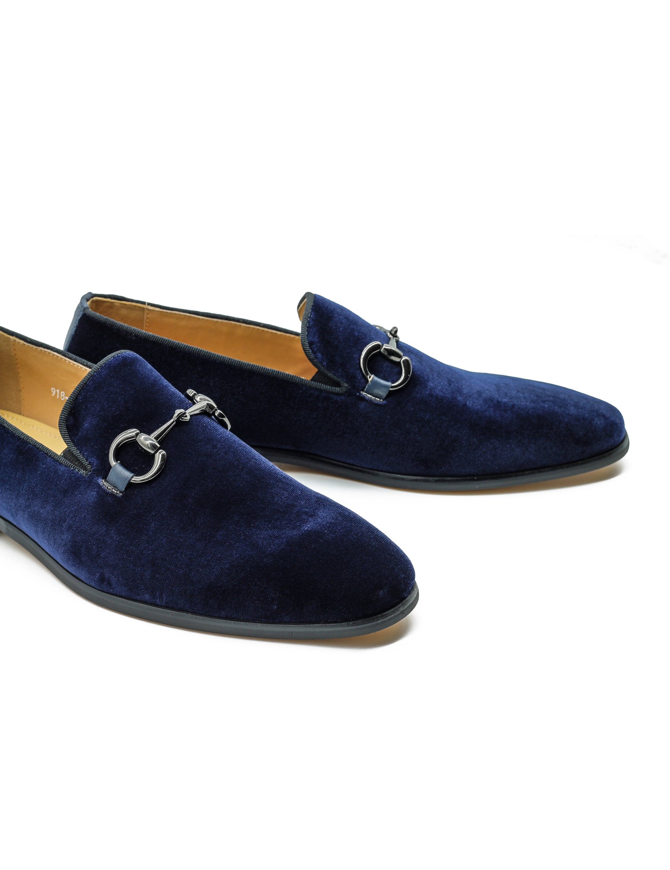 Navy Blue Velvet Loafers with Snaffle Bit Buckle