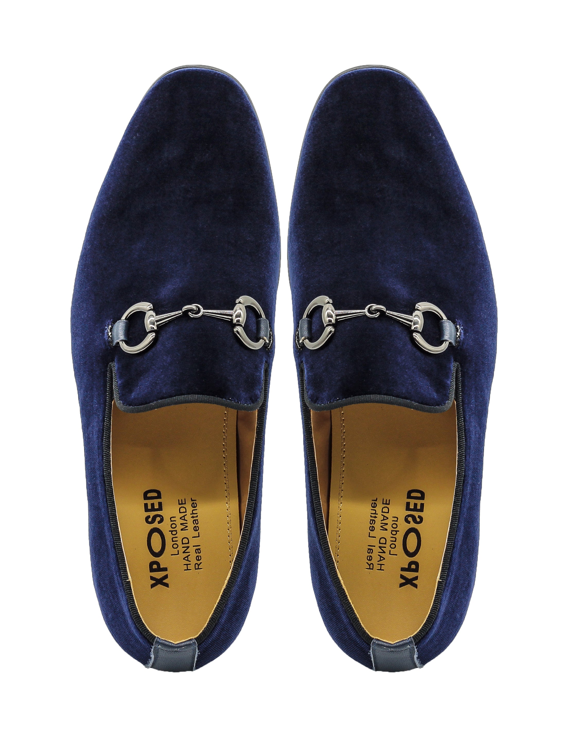 Navy Blue Velvet Loafers with Snaffle Bit Buckle