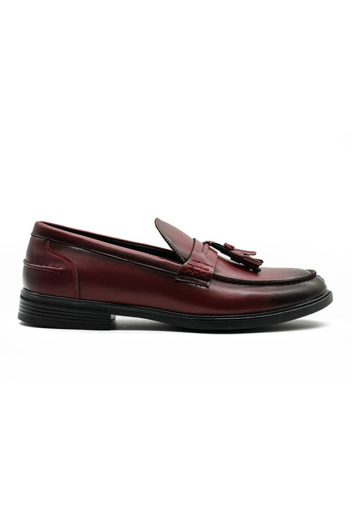 Burgundy Faux Leather Tassel Loafers Retro Slip-On Dress Shoes