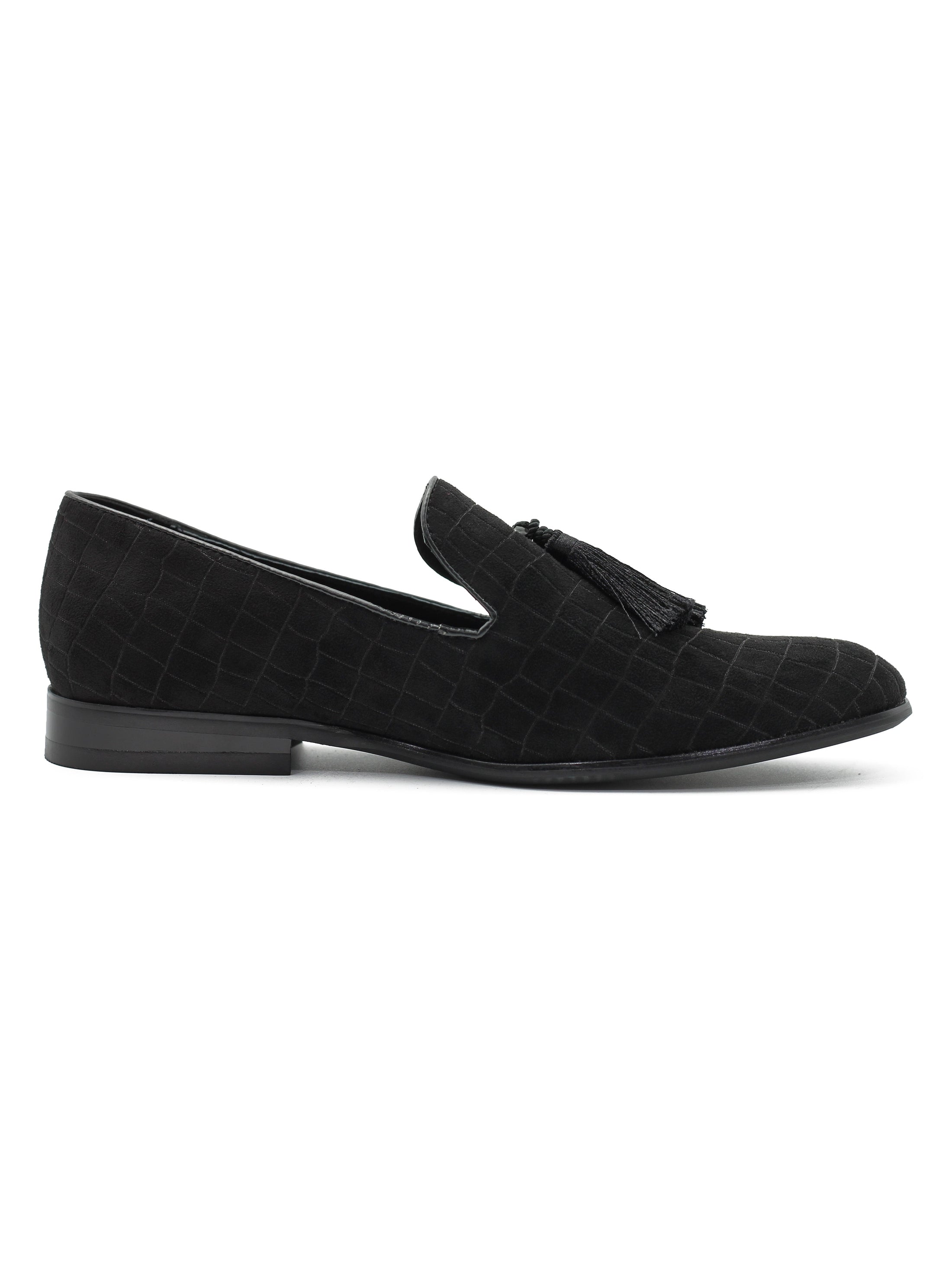 BLACK PRINTED SUEDE TASSEL LOAFERS