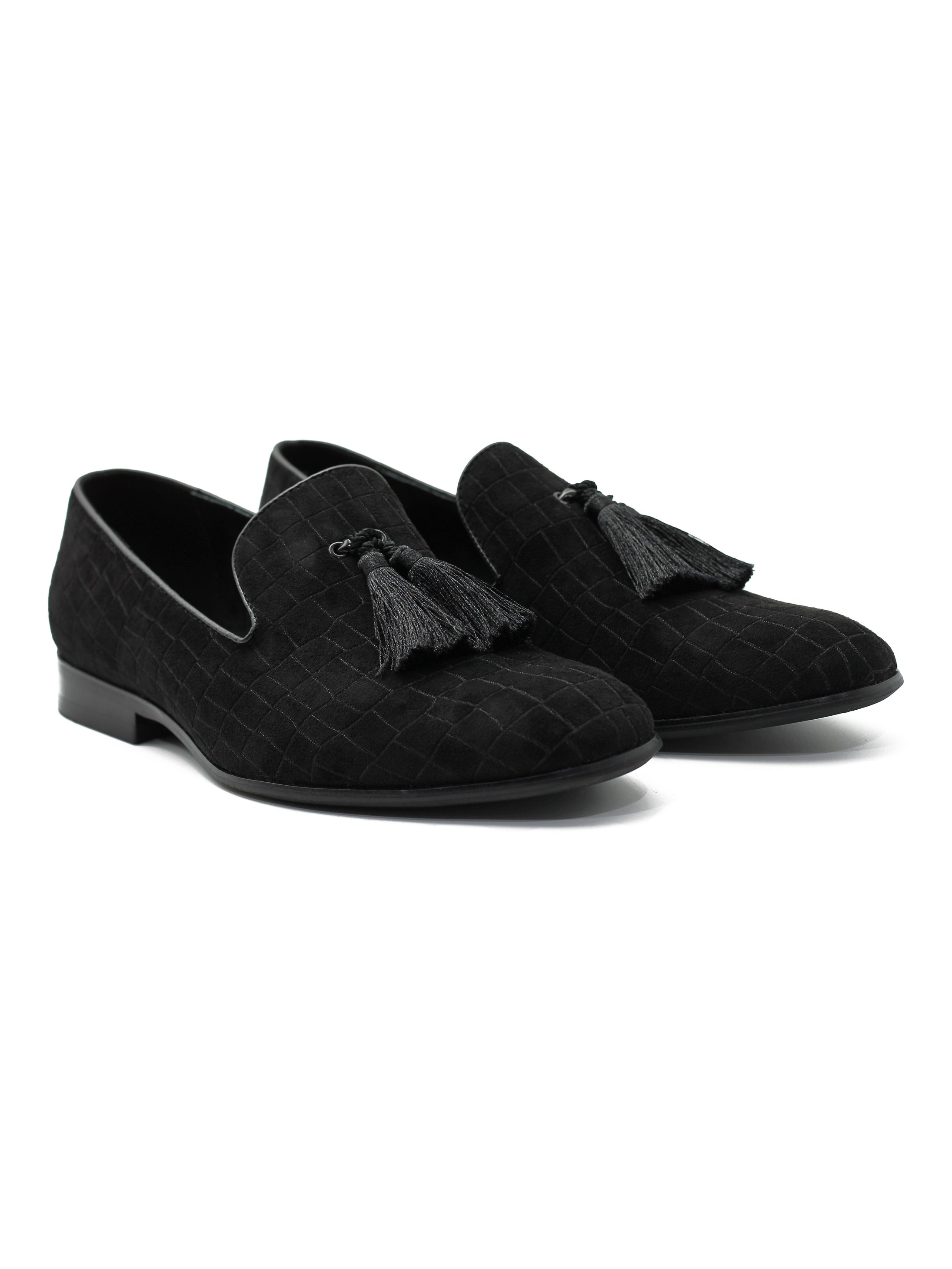 BLACK PRINTED SUEDE TASSEL LOAFERS