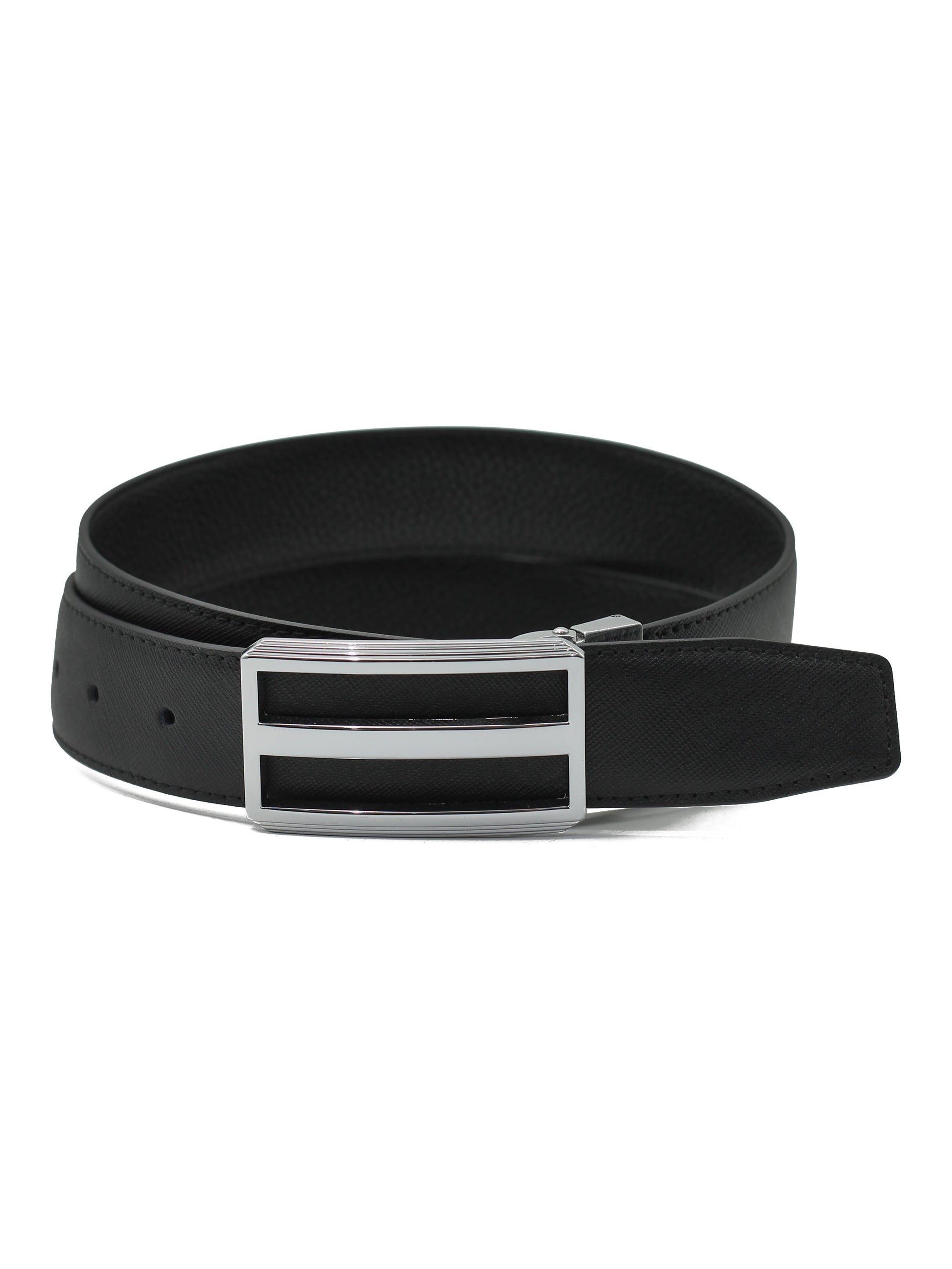 BLACK TEXTURED LEATHER PIN BUCKLE REVERSIBLE BELT