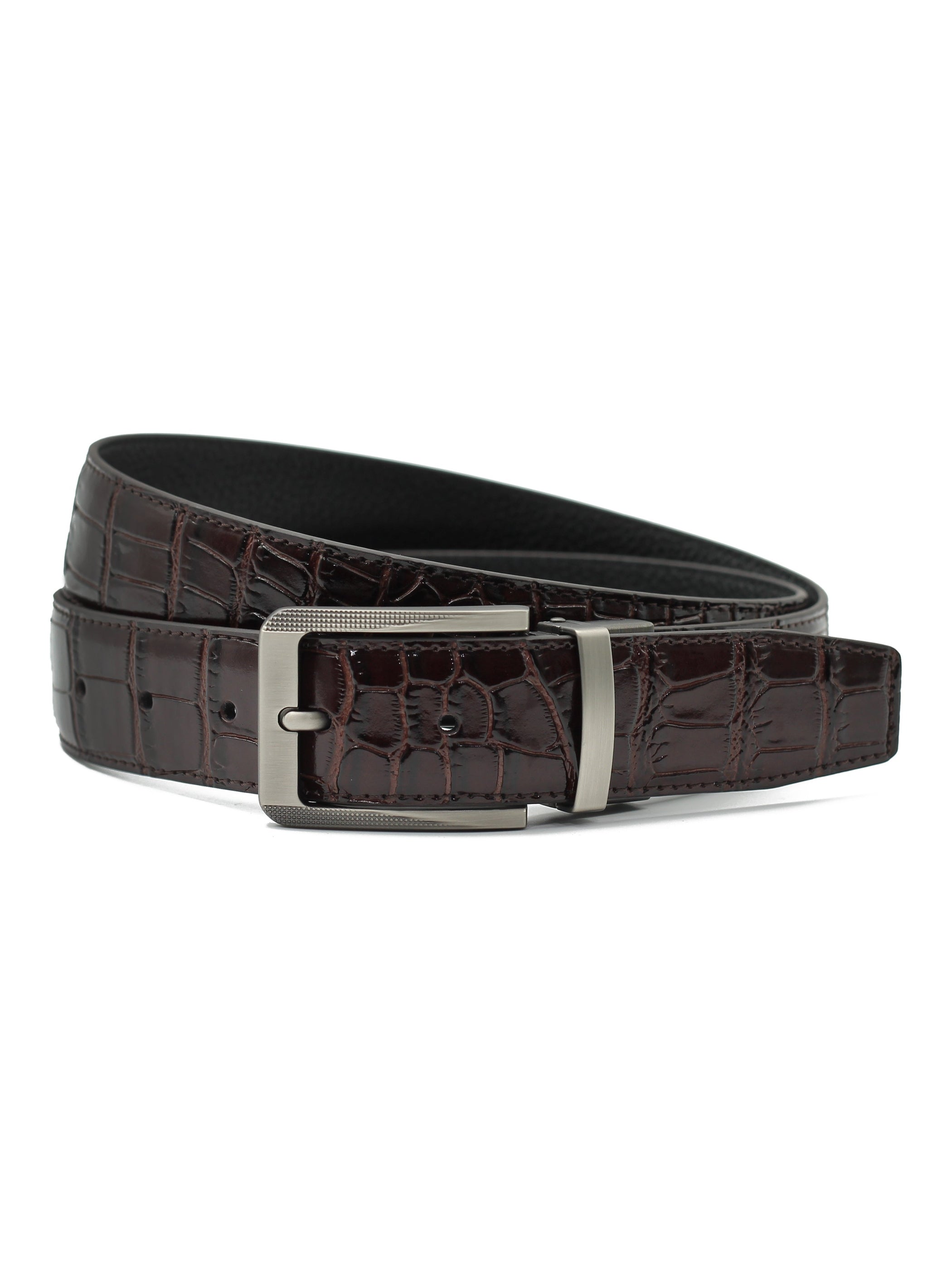 BLACK & BROWN CROC PRINT LEATHER REVERSIBLE BELT