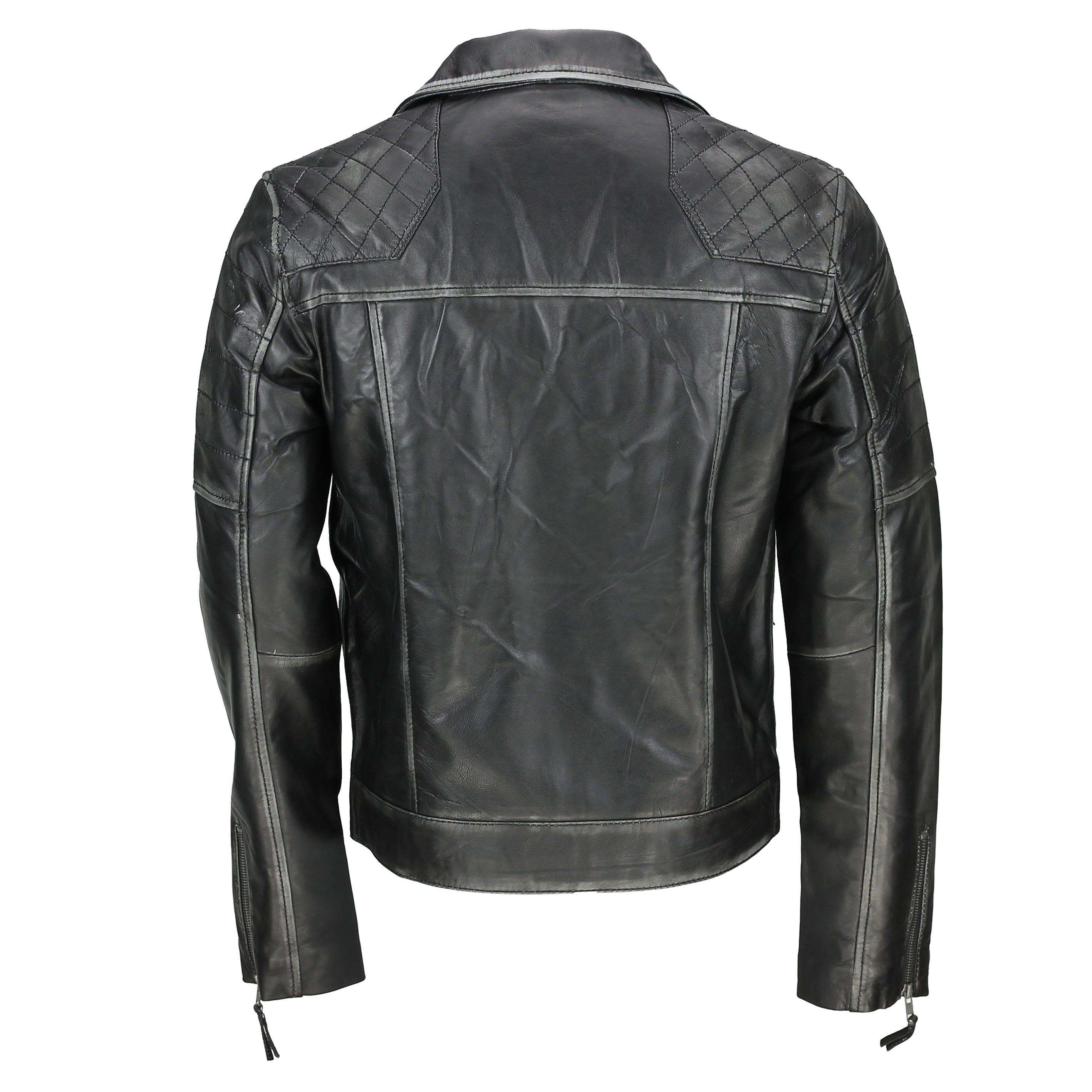 Mens Black Real Leather Biker Style Jacket Vintage Rubbed off Edges Zipped Retro