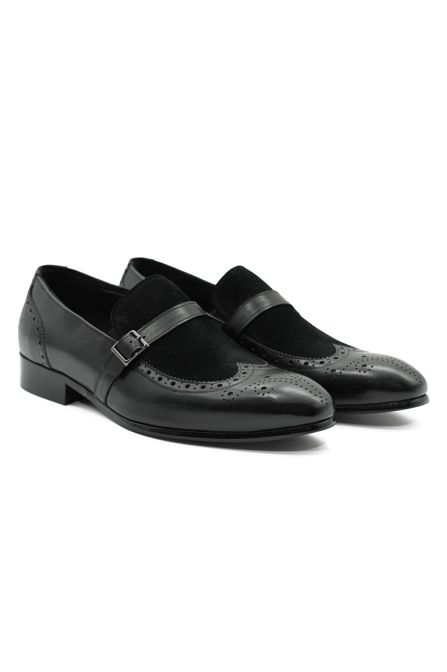 BLACK LEATHER & SUEDE MONK STRAP BROUGES