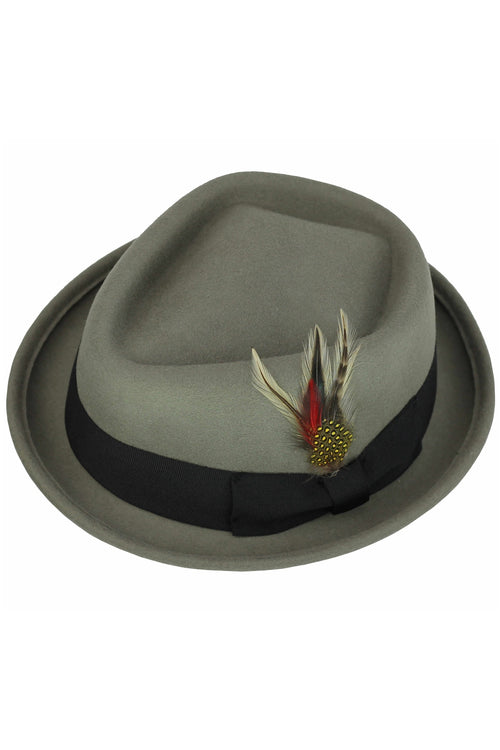 Chapeau Pork Pie Gris 100% Feutre de Laine Couronne Forme Losange