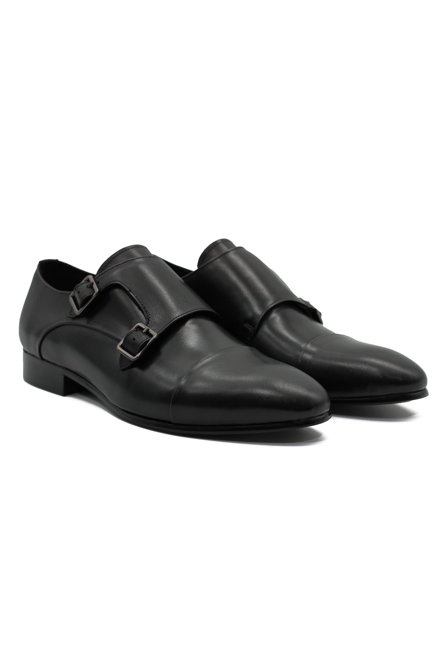 BLACK LEATHER DOUBLE MONK SHOES