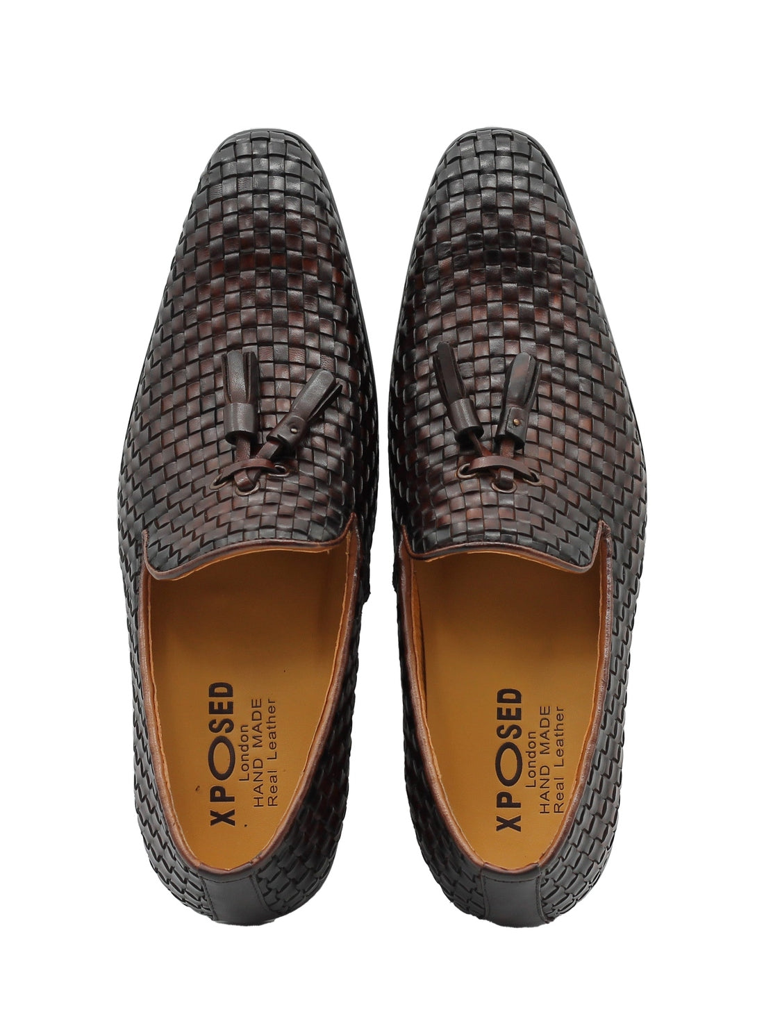 BROWN WOVEN LEATHER TASSEL LOAFERS