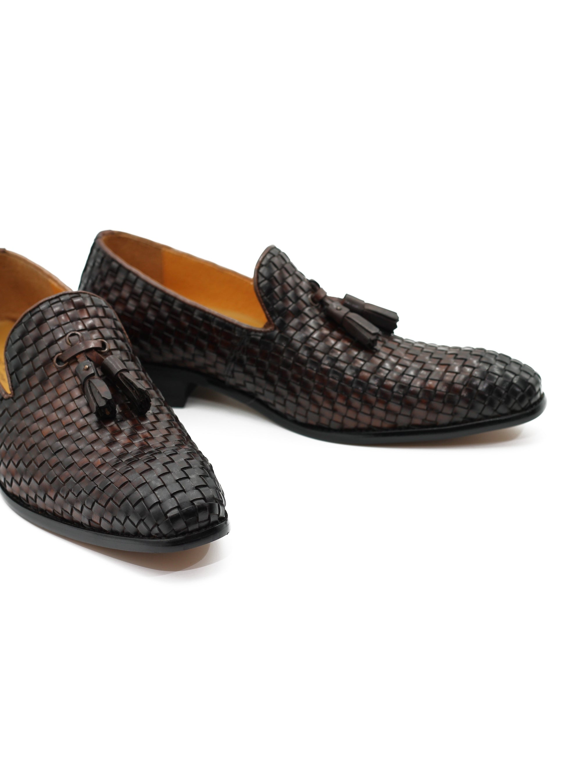 BROWN WOVEN LEATHER TASSEL LOAFERS