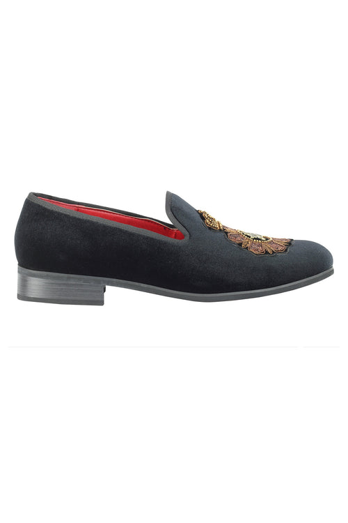 FAUX LEATHER EMBROIDERED VELVET LOAFERS IN BLACK