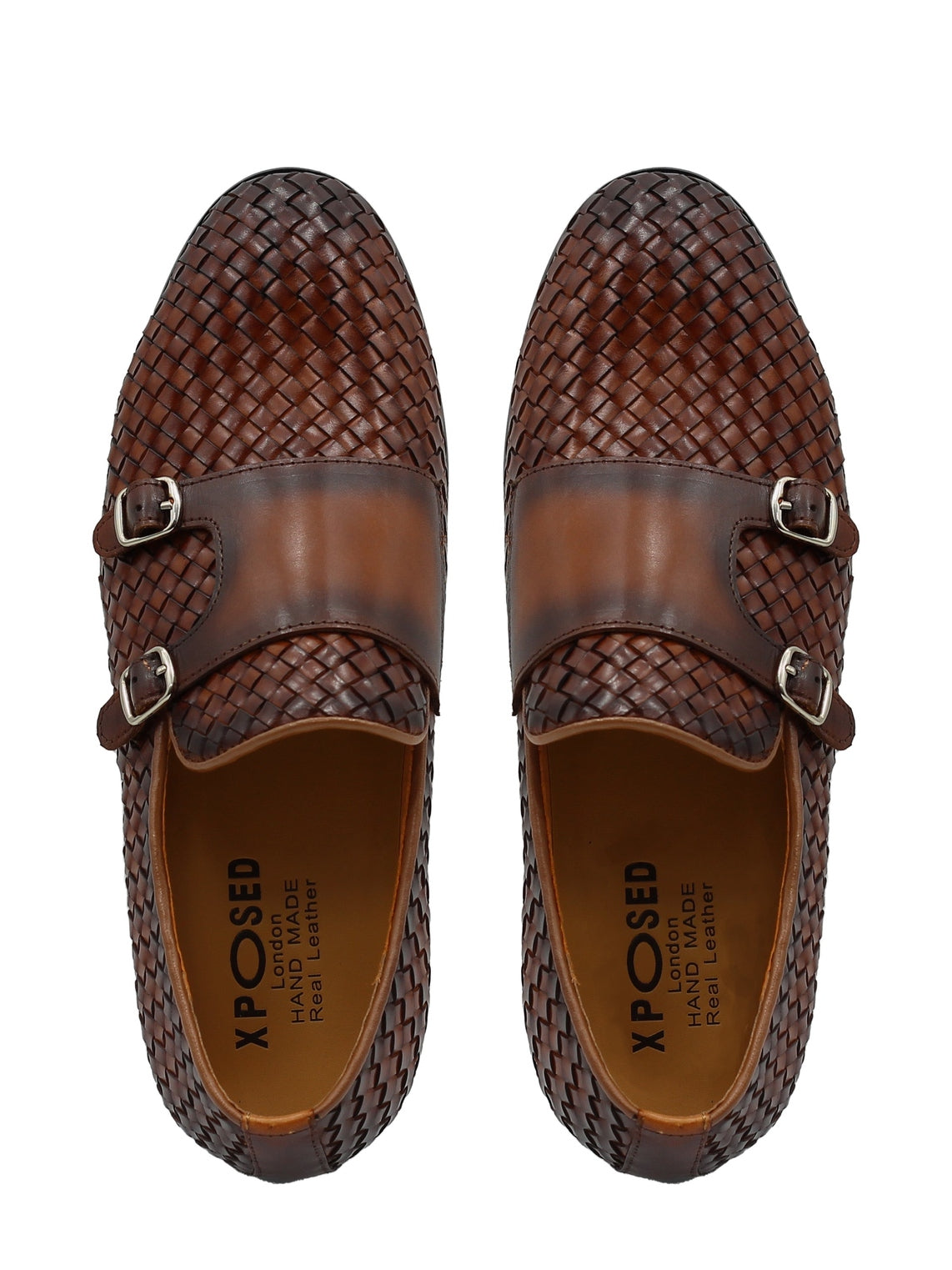 BROWN WOVEN LEATHER DOUBLE MONK SHOES