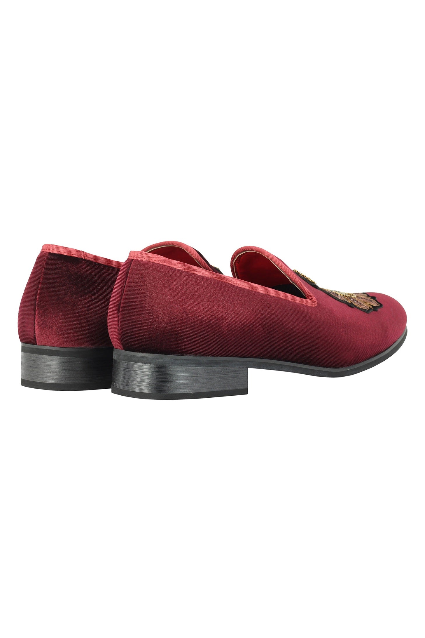 FAUX LEATHER EMBROIDERED VELVET LOAFERS IN MAROON