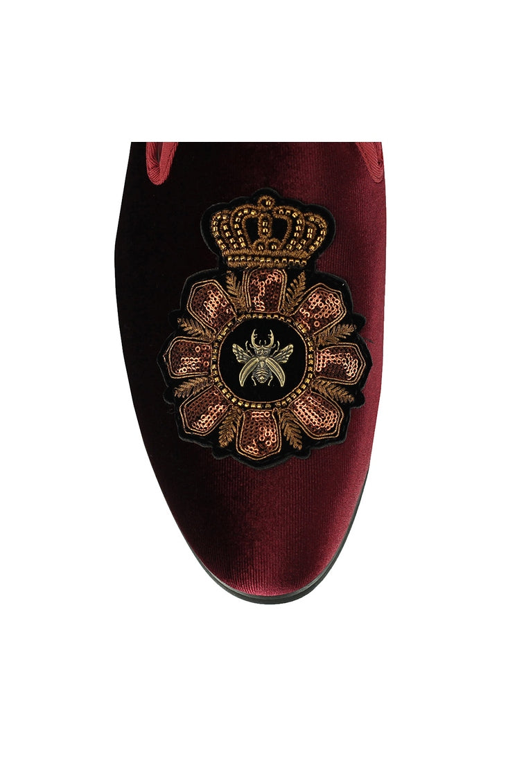 FAUX LEATHER EMBROIDERED VELVET LOAFERS IN MAROON