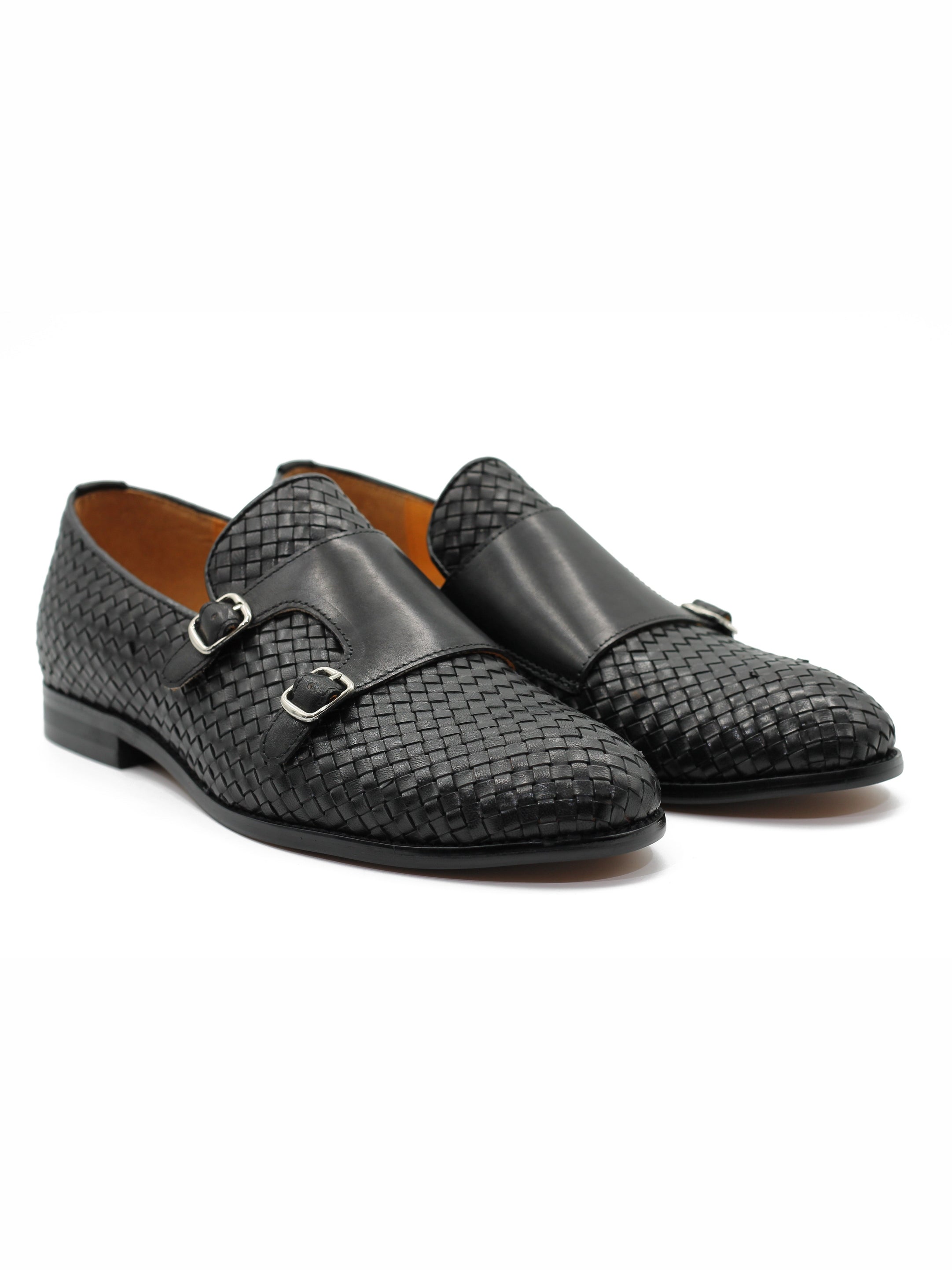 BLACK WOVEN LEATHER DOUBLE MONK SHOES