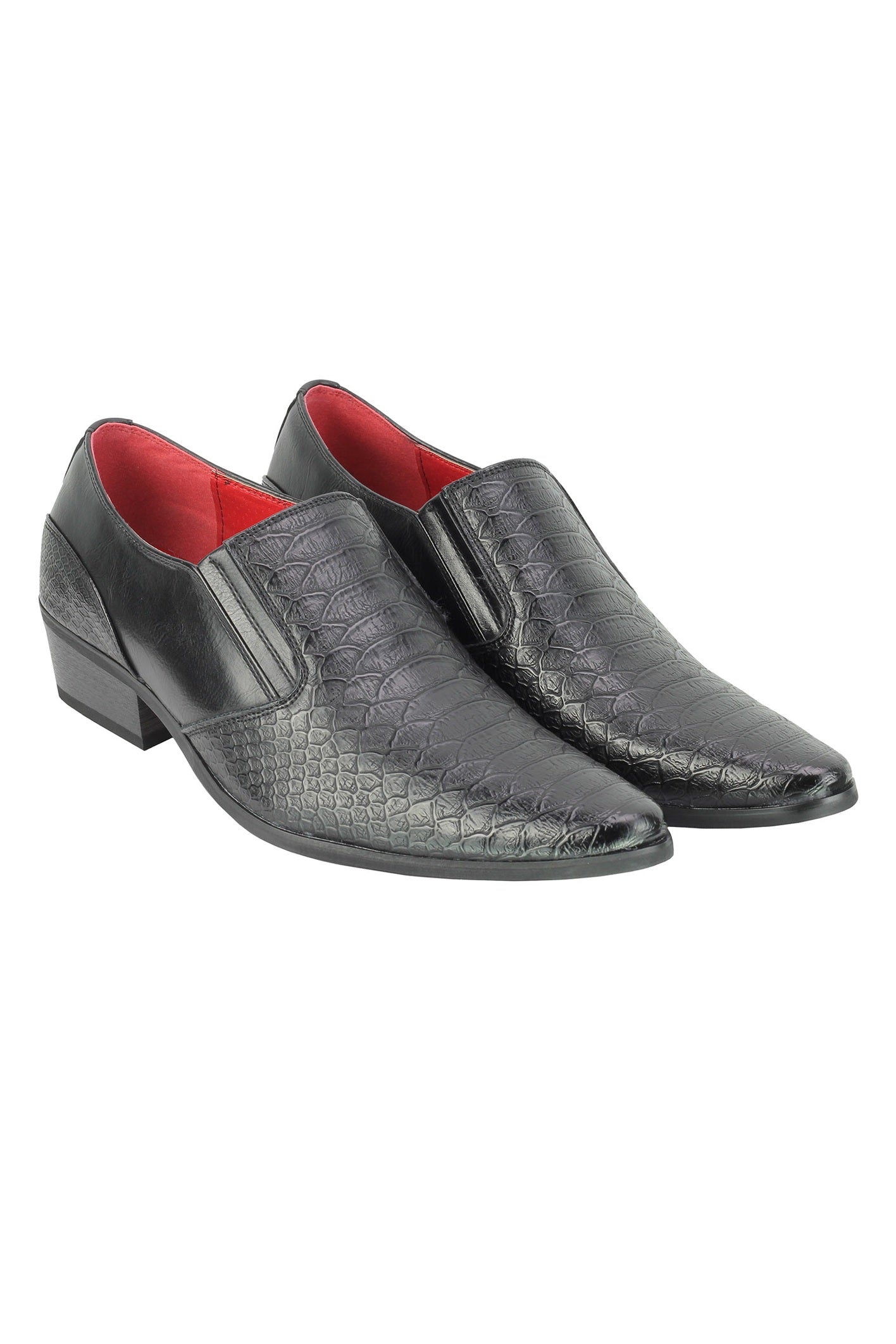 Mens Snakeskin Emboss Leather Loafers Retro Pointy Cuban Heel Slip on Party Shoe