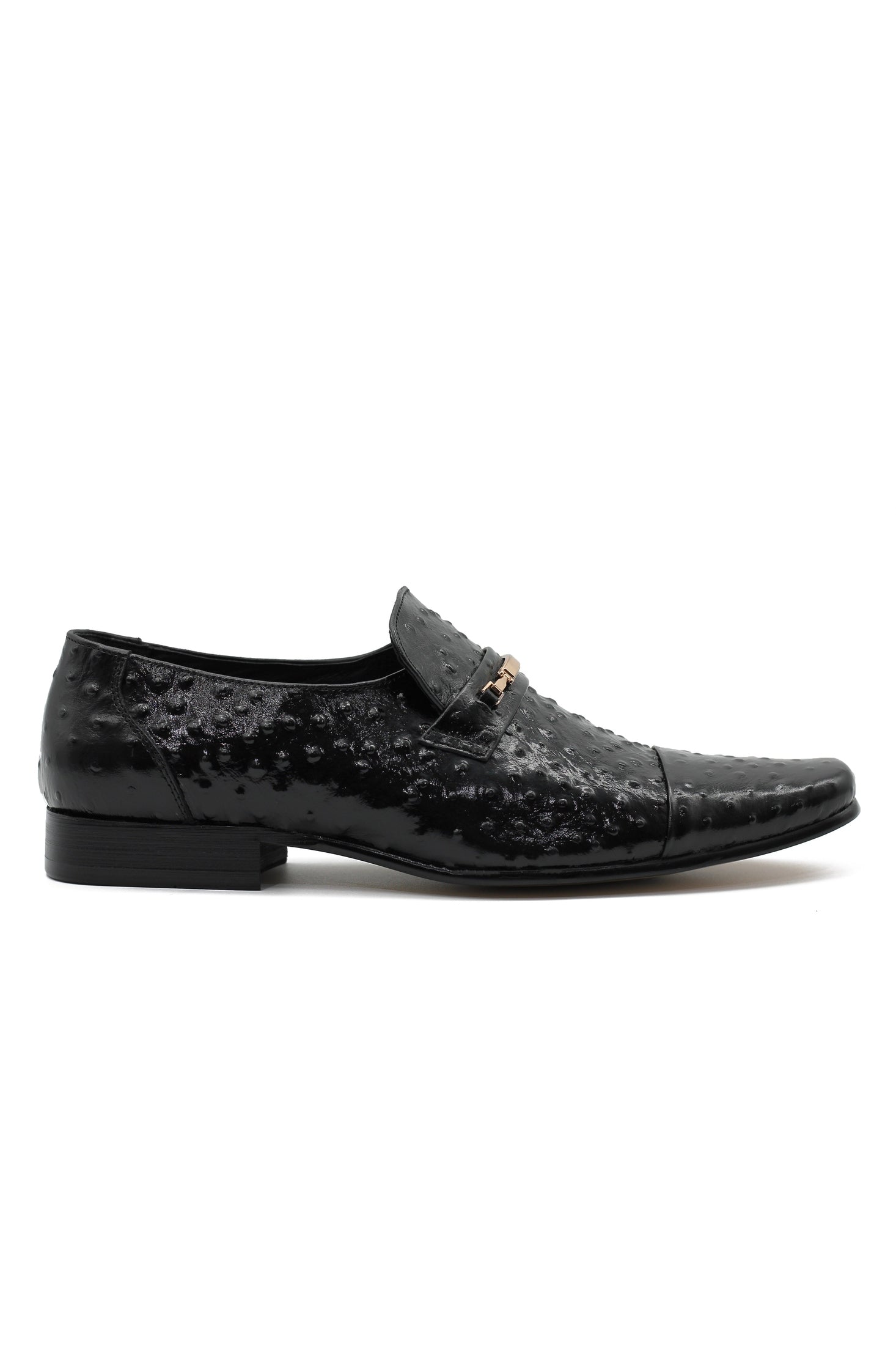 GOLD BUCKLE BLACK SHINY LEATHER LOAFERS