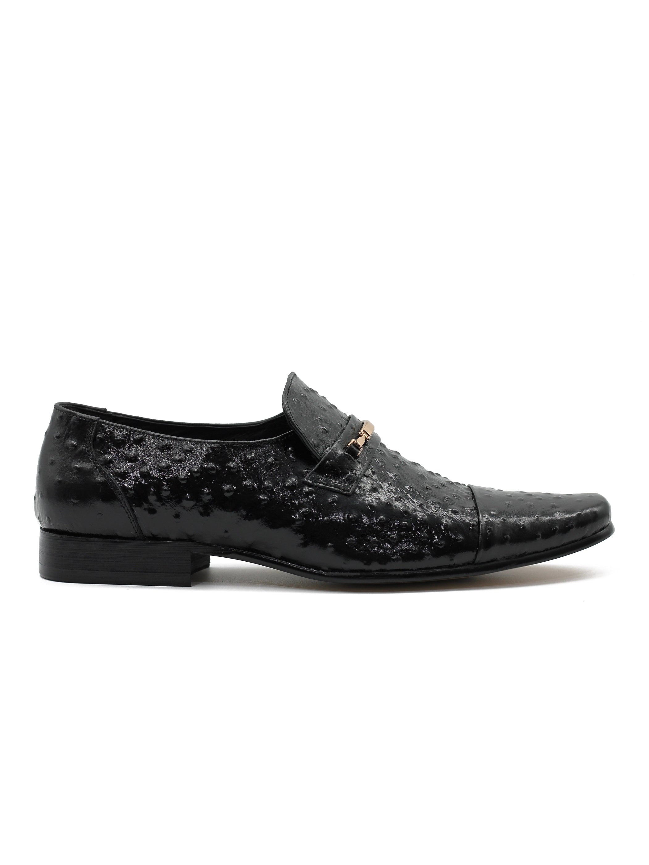 GOLD BUCKLE BLACK SHINY LEATHER LOAFERS