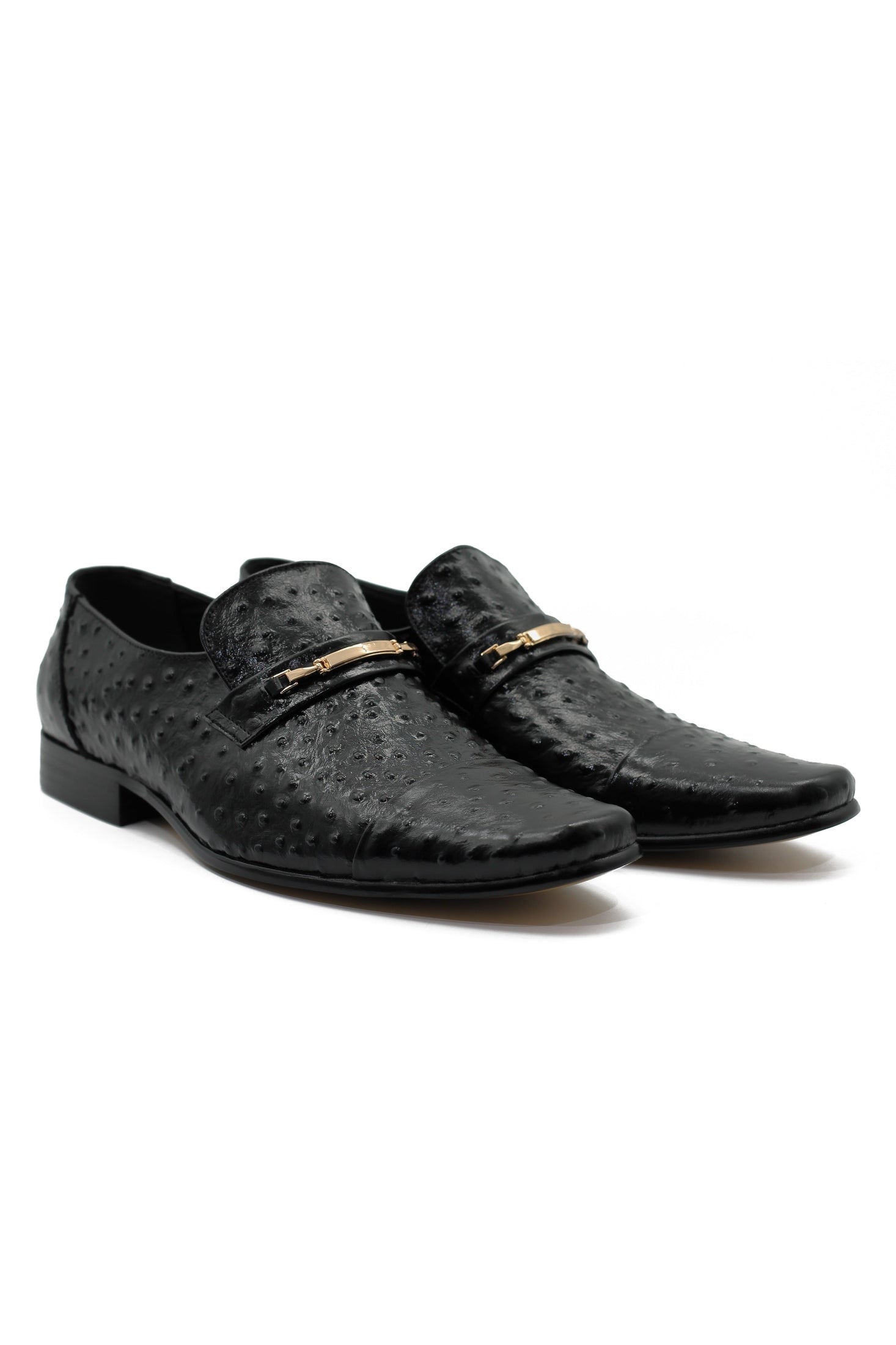GOLD BUCKLE BLACK SHINY LEATHER LOAFERS