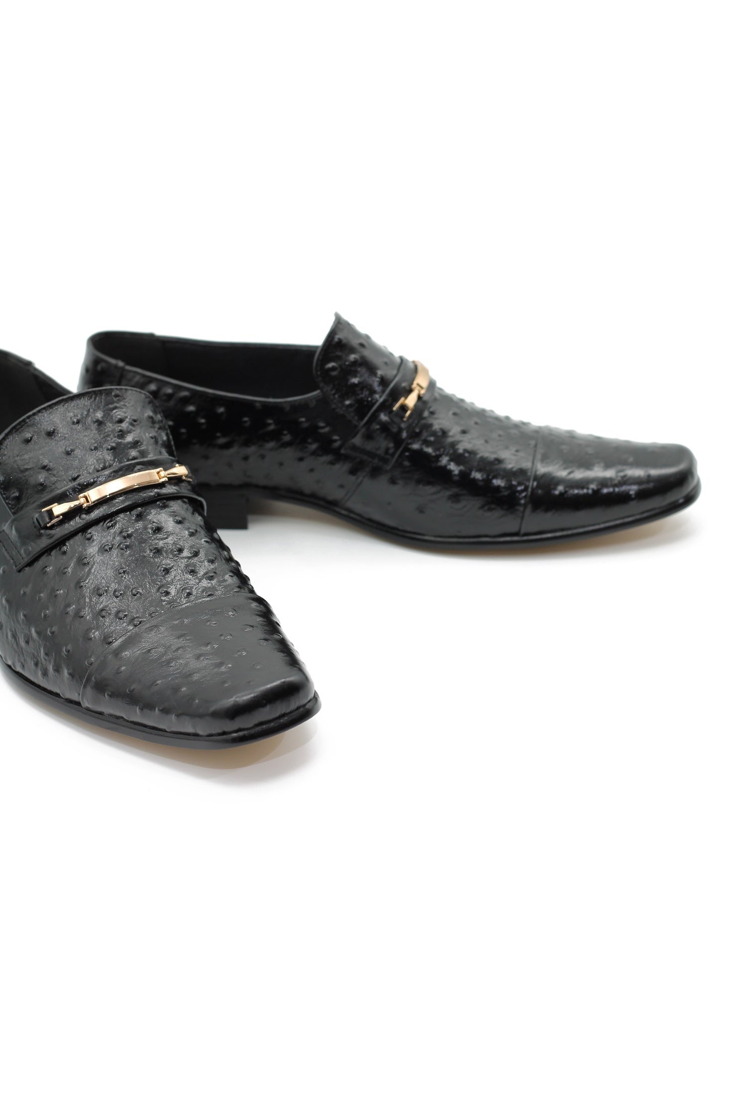 GOLD BUCKLE BLACK SHINY LEATHER LOAFERS