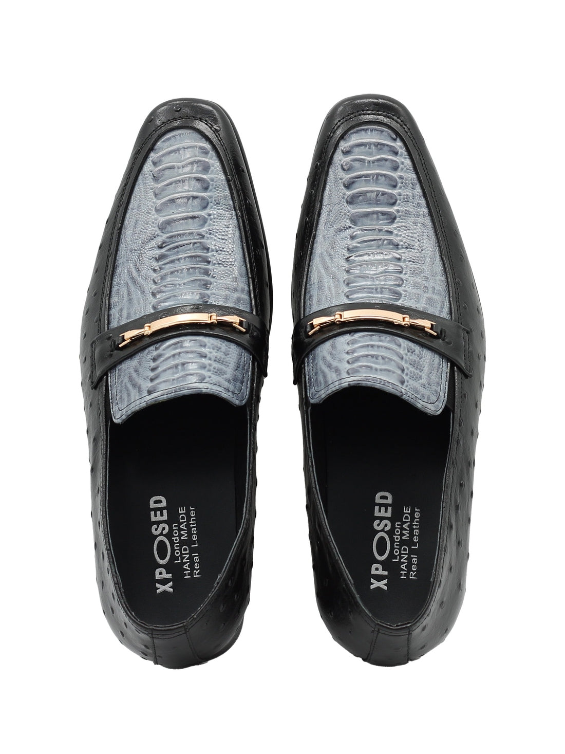 BLACK & BLUE LEATHER CROC PRINT LOAFERS