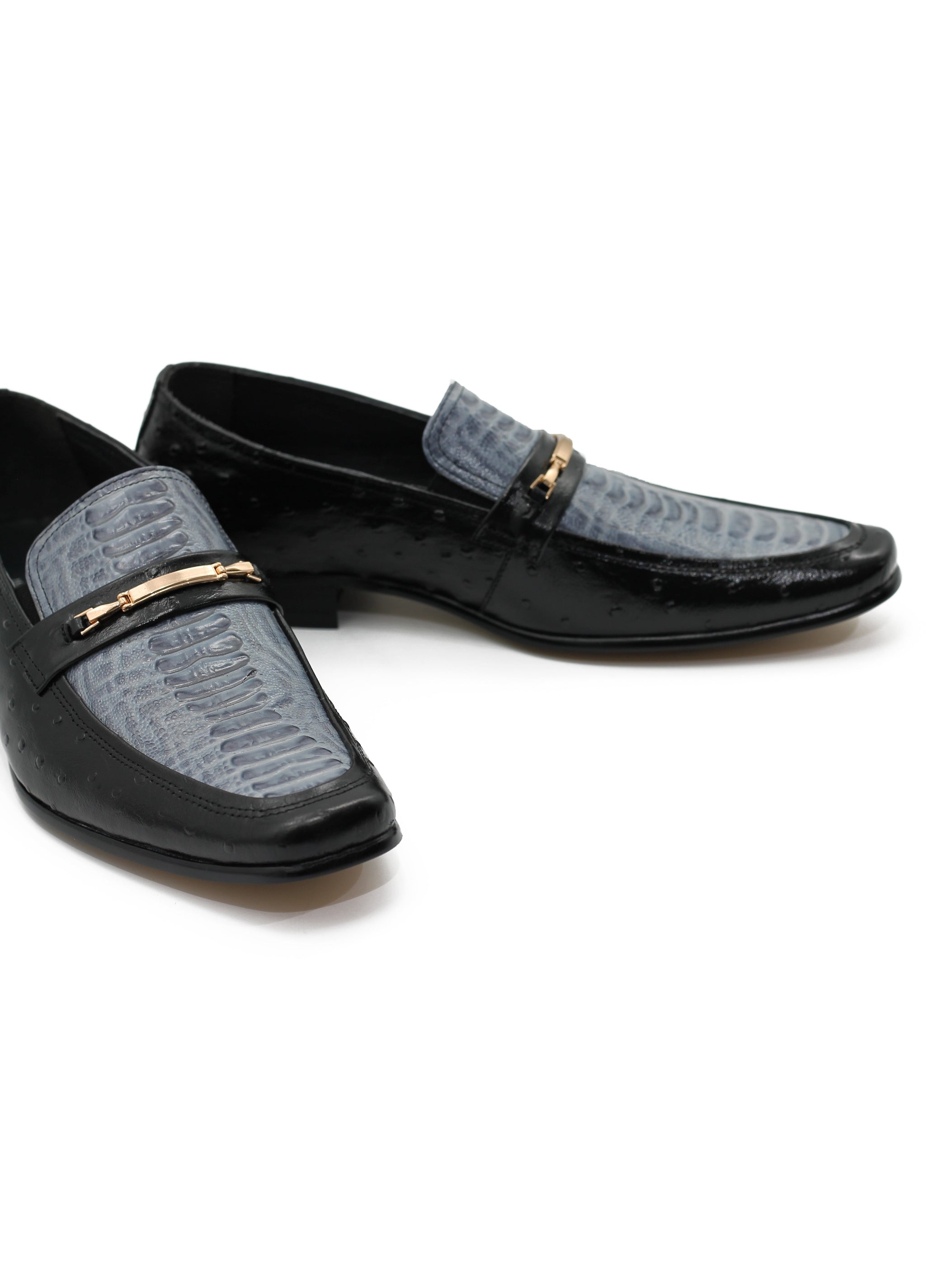 BLACK & BLUE LEATHER CROC PRINT LOAFERS