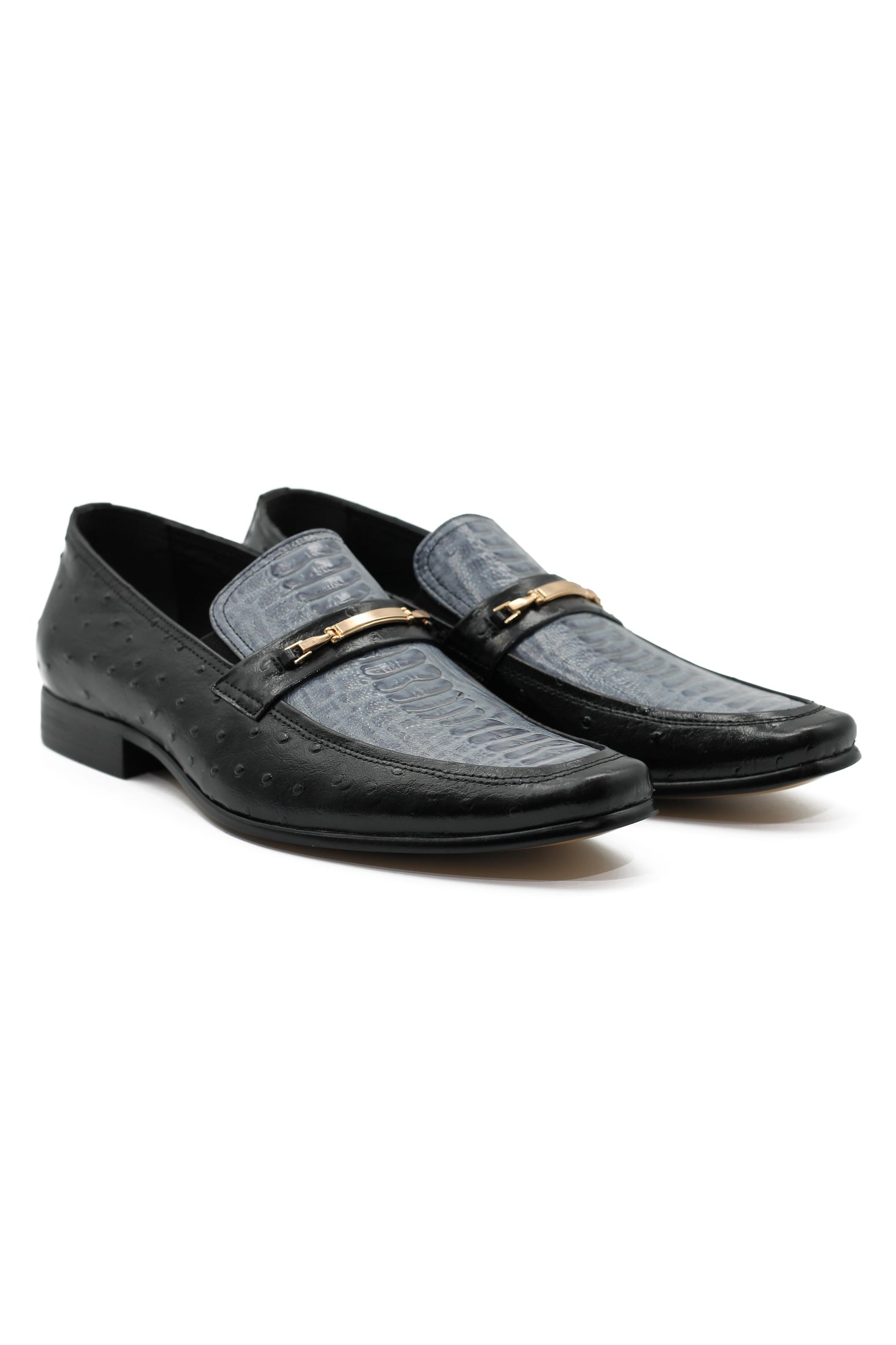 BLACK & BLUE LEATHER CROC PRINT LOAFERS