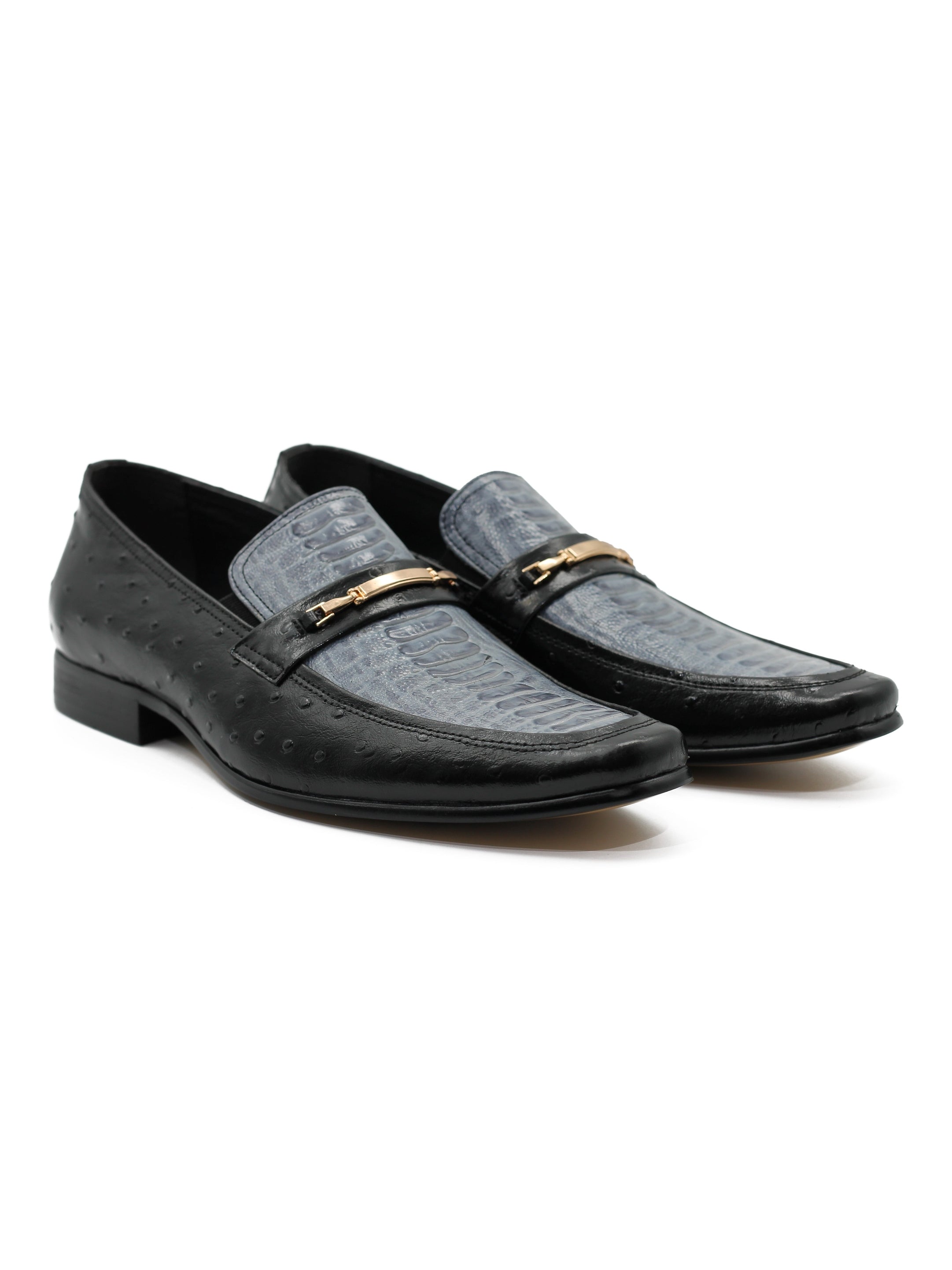 BLACK & BLUE LEATHER CROC PRINT LOAFERS