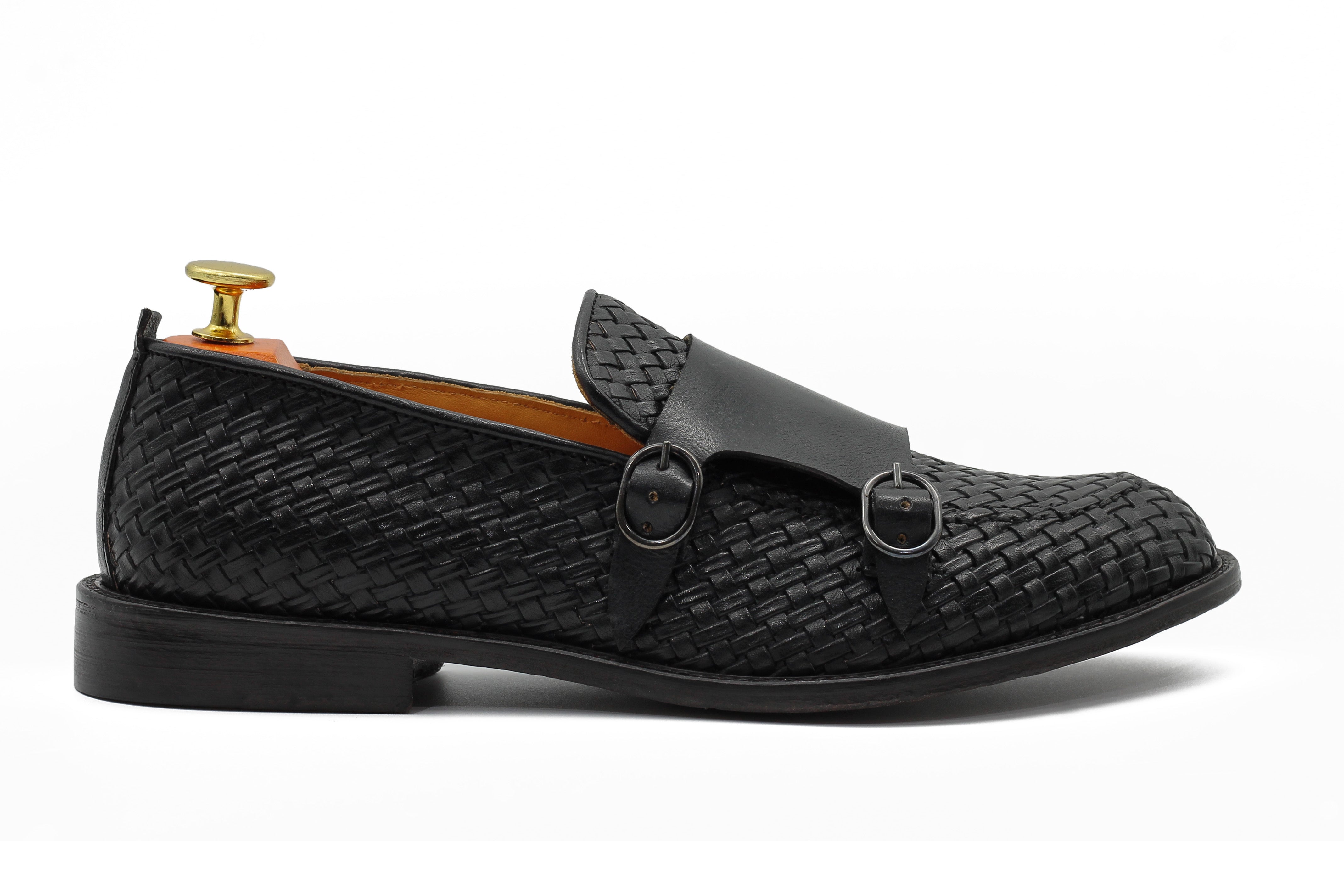 FLORENCE 2 - DOUBLE BUCKLE MONK LOAFER IN BLACK INTERWEAVE ITALIAN LEATHER