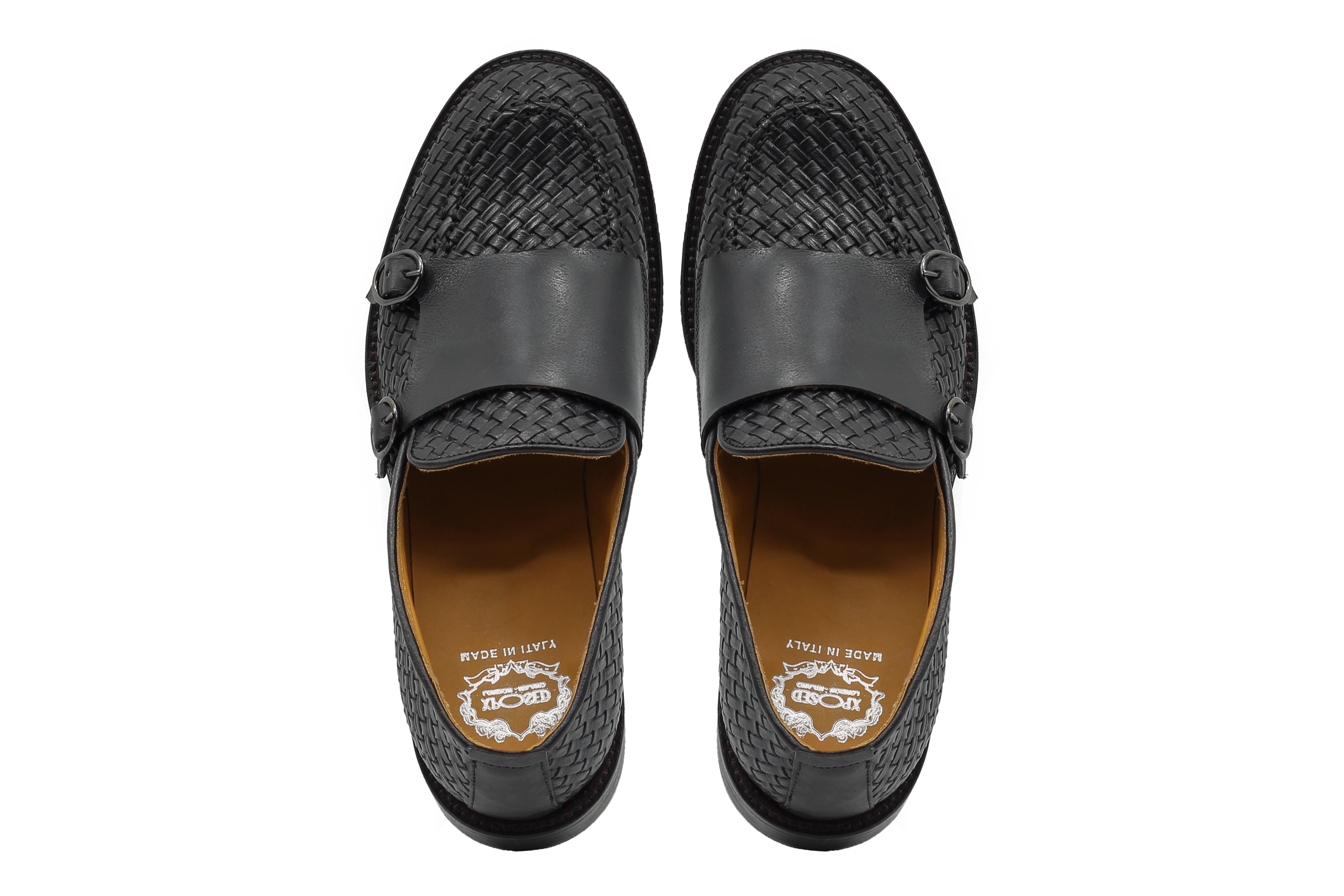 FLORENCE 2 - DOUBLE BUCKLE MONK LOAFER IN BLACK INTERWEAVE ITALIAN LEATHER