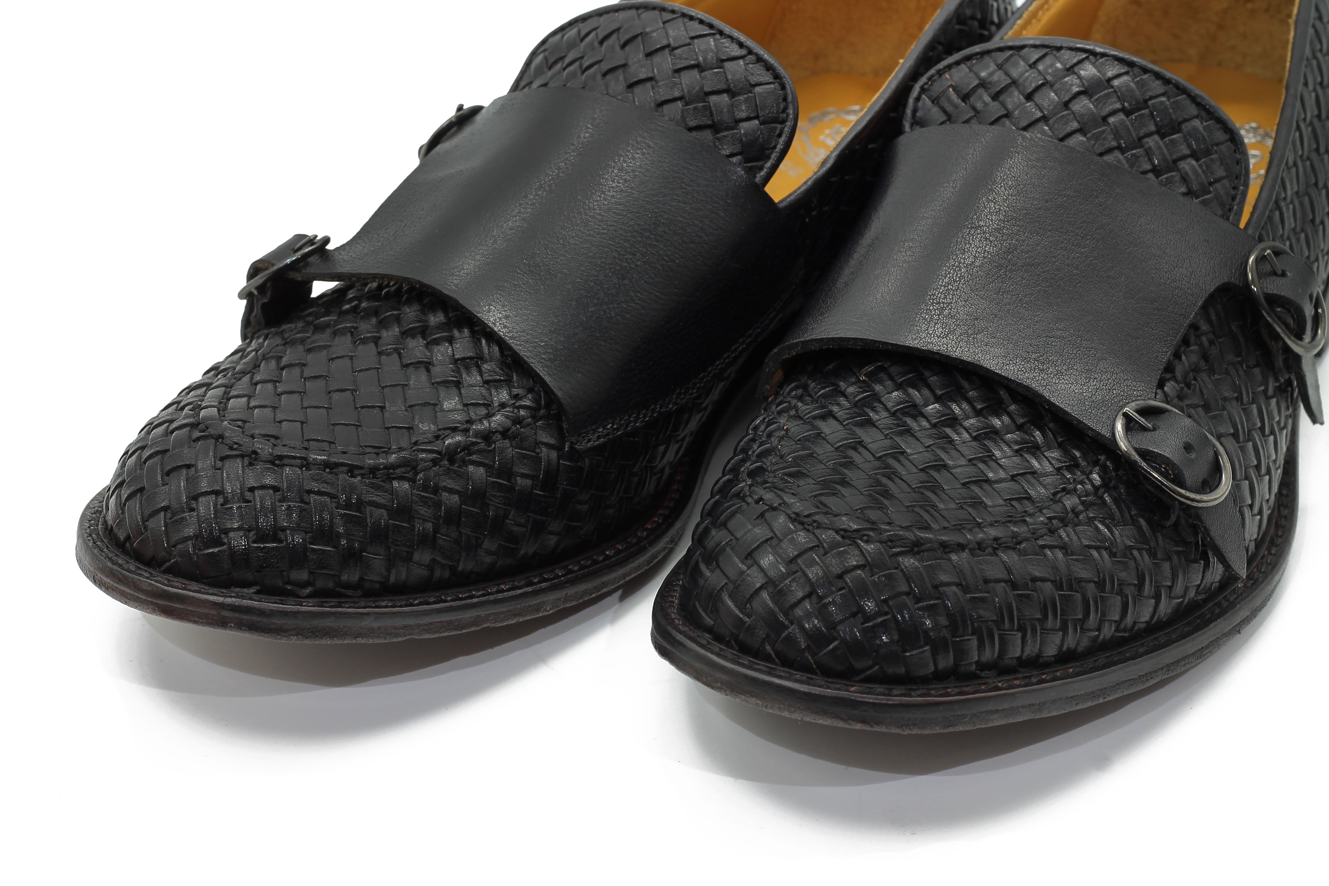 FLORENCE 2 - DOUBLE BUCKLE MONK LOAFER IN BLACK INTERWEAVE ITALIAN LEATHER
