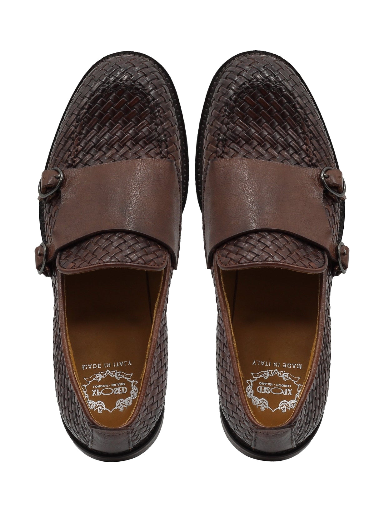 FLORENCE 2 - DOUBLE BUCKLE MONK LOAFER IN BROWN INTERWEAVE ITALIAN LEATHER