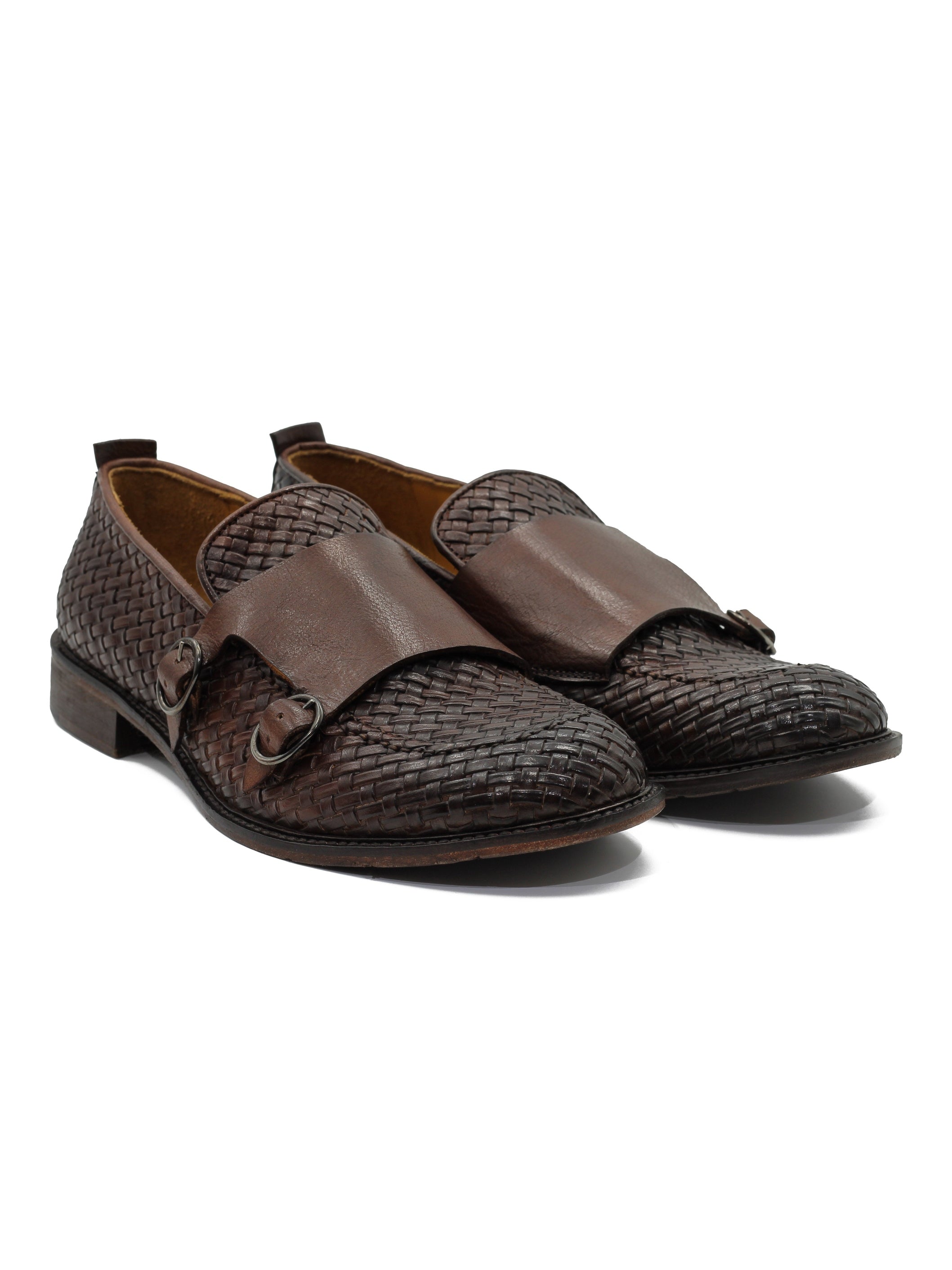 FLORENCE 2 - DOUBLE BUCKLE MONK LOAFER IN BROWN INTERWEAVE ITALIAN LEATHER