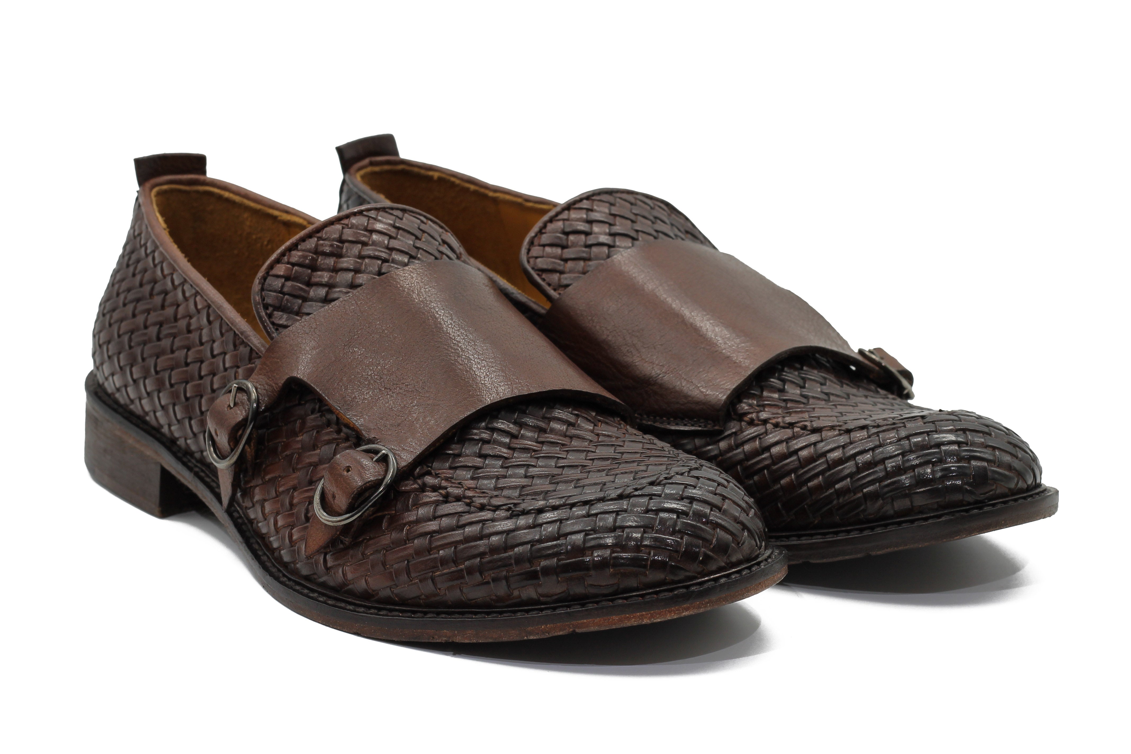 FLORENCE 2 - DOUBLE BUCKLE MONK LOAFER IN BROWN INTERWEAVE ITALIAN LEATHER
