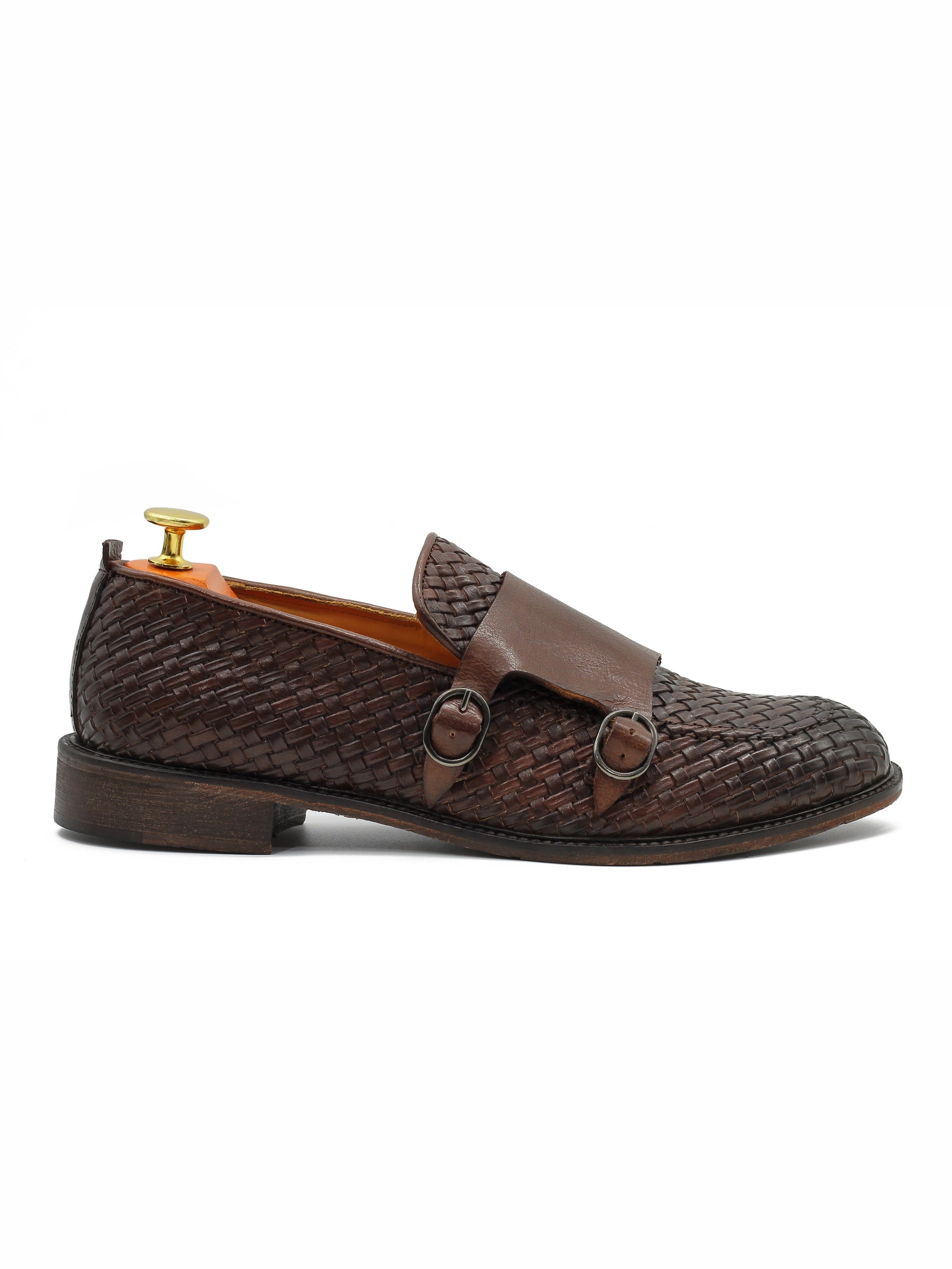 FLORENCE 2 - DOUBLE BUCKLE MONK LOAFER IN BROWN INTERWEAVE ITALIAN LEATHER