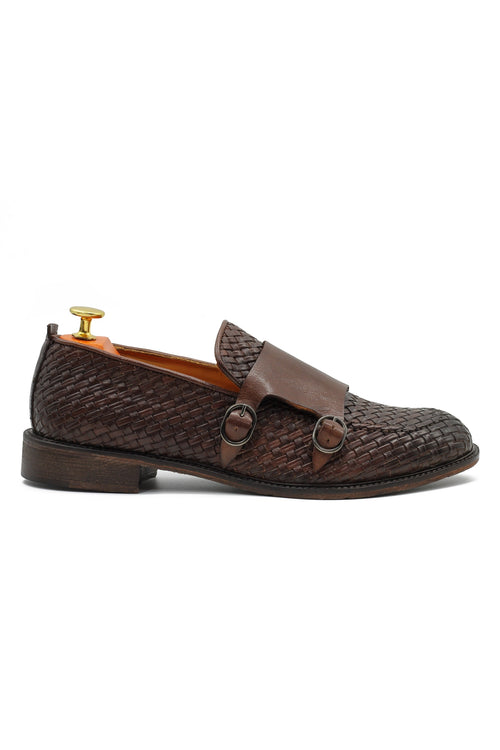 FLORENCE 2 - DOUBLE BUCKLE MONK LOAFER IN BROWN INTERWEAVE ITALIAN LEATHER