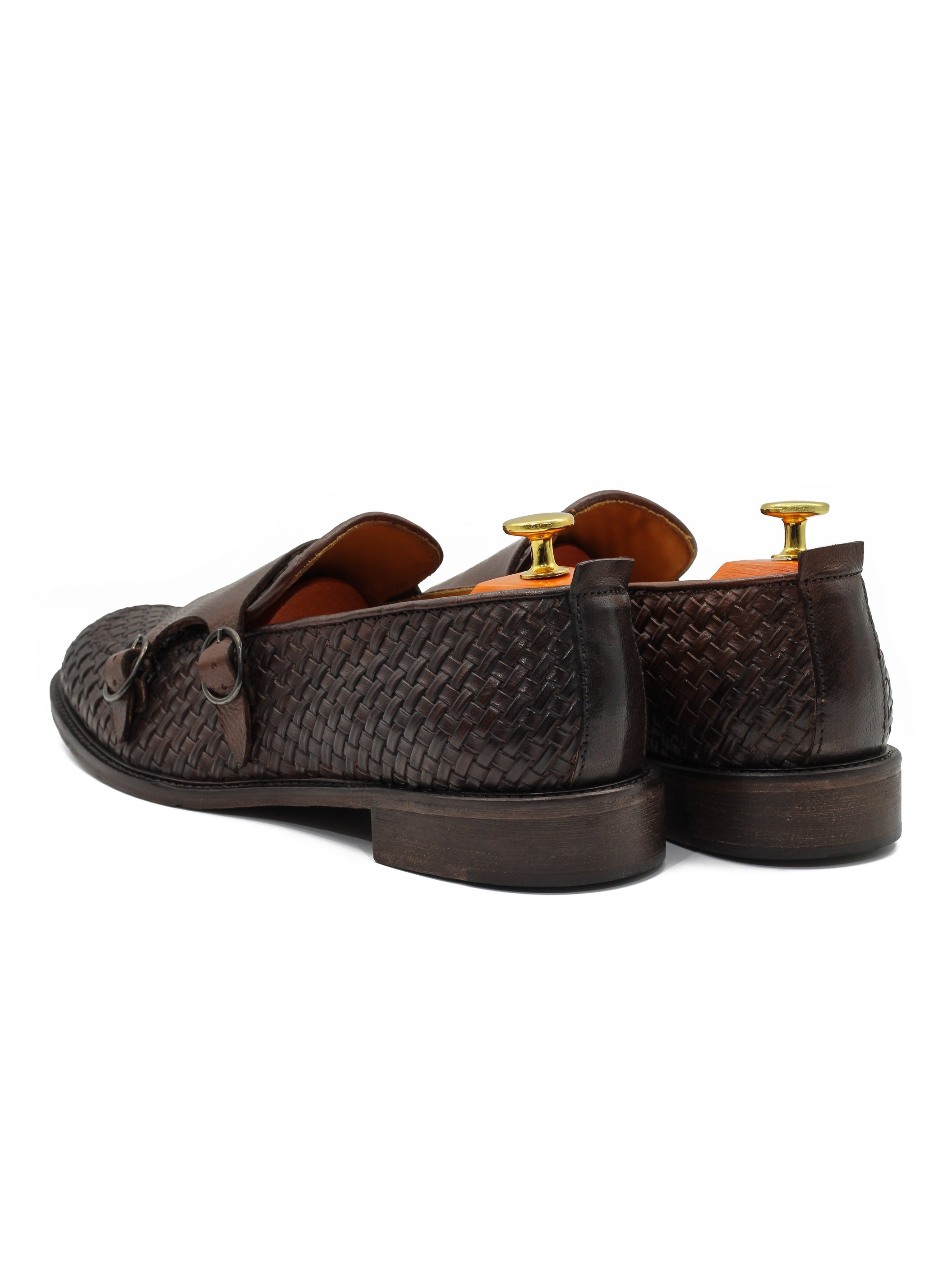 FLORENCE 2 - DOUBLE BUCKLE MONK LOAFER IN BROWN INTERWEAVE ITALIAN LEATHER