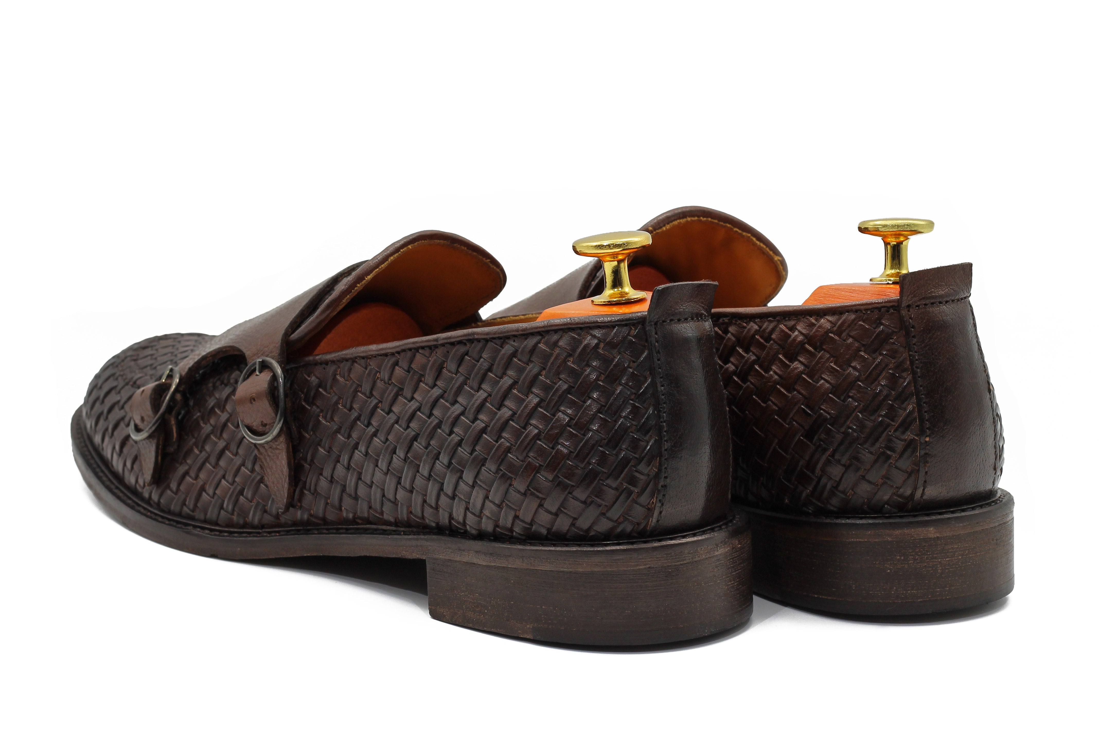 FLORENCE 2 - DOUBLE BUCKLE MONK LOAFER IN BROWN INTERWEAVE ITALIAN LEATHER