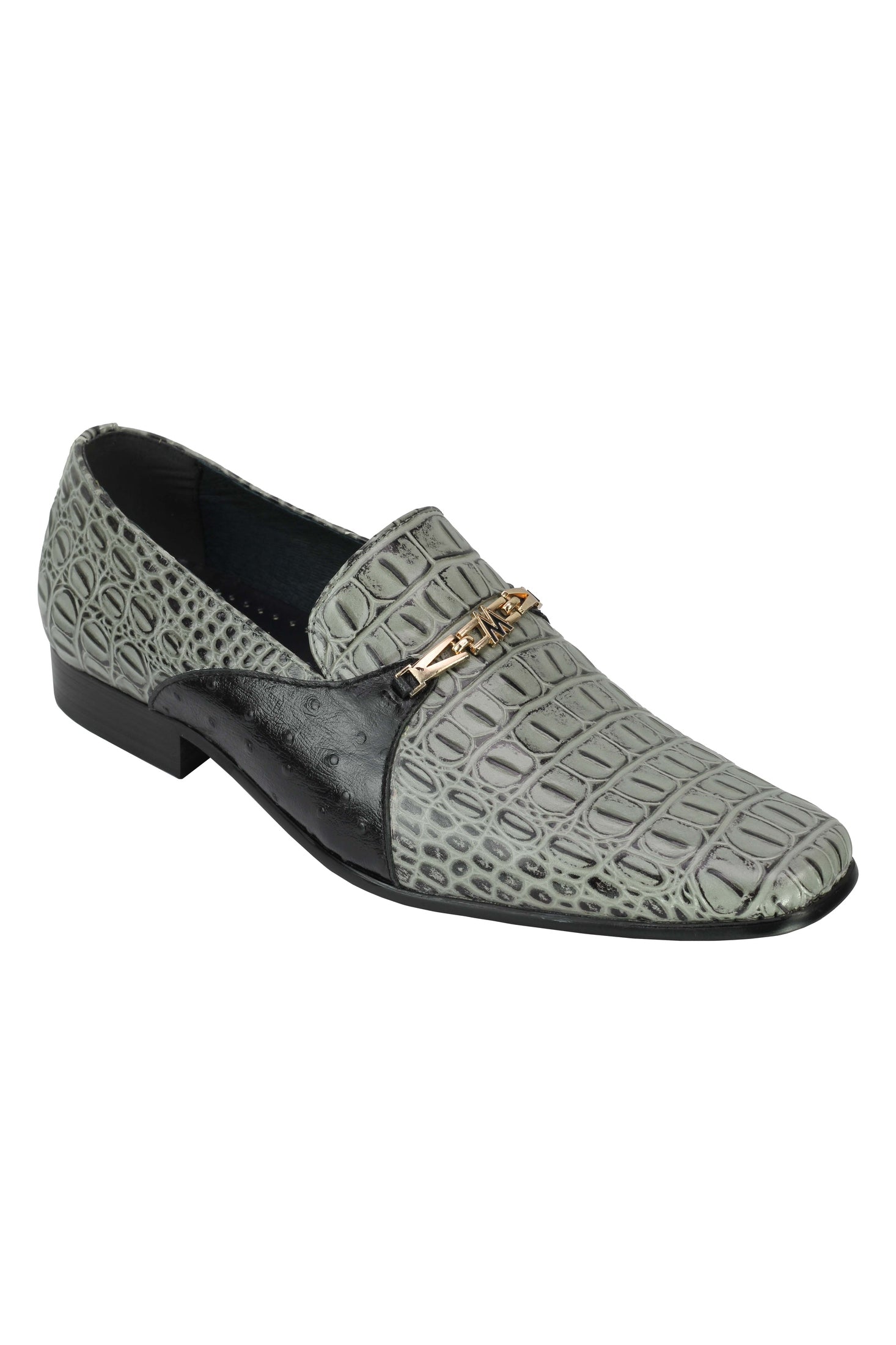 Real Leather Grey Croc Effect Gold Buckle Shoes
