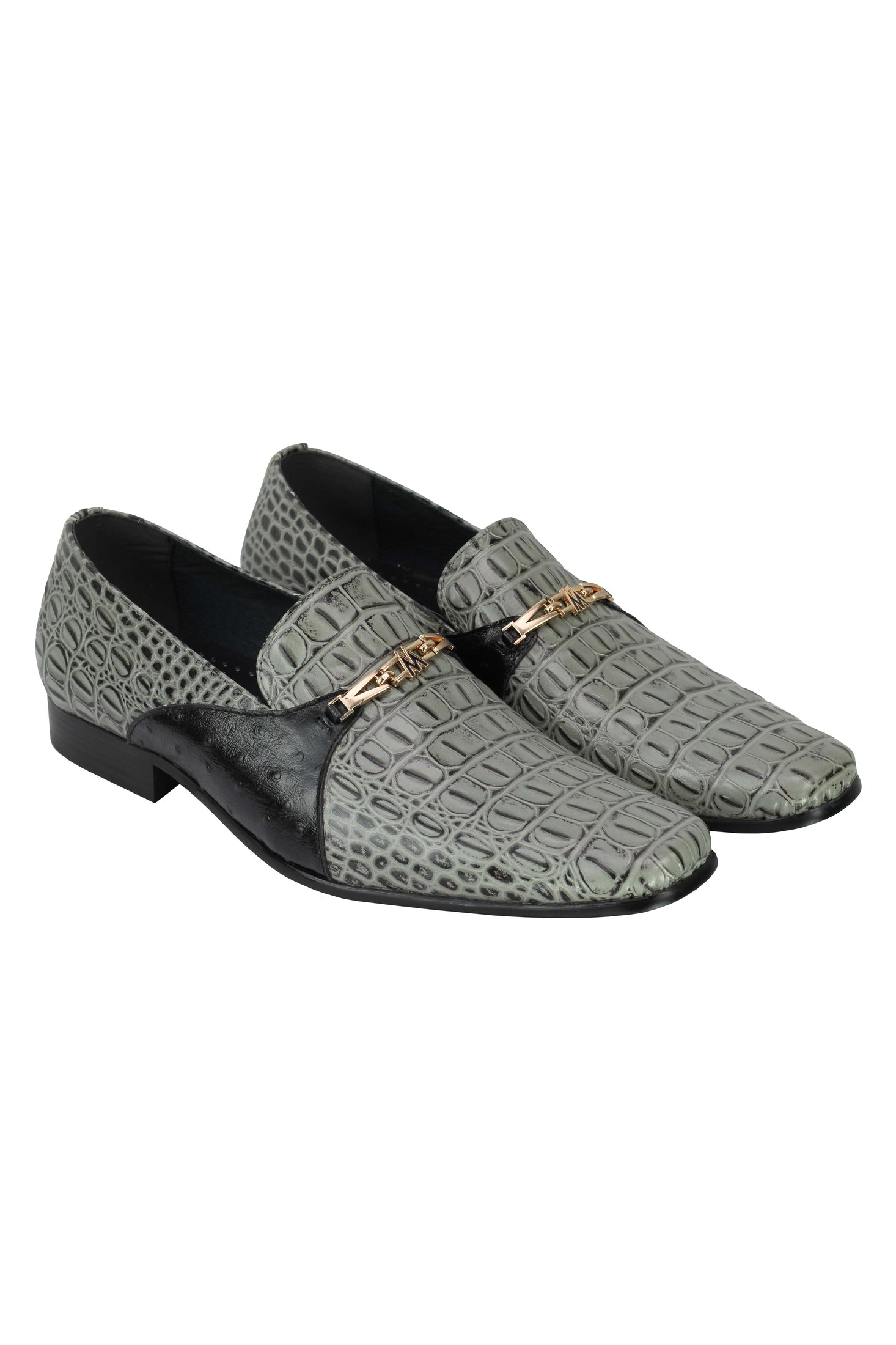 Real Leather Grey Croc Effect Gold Buckle Shoes