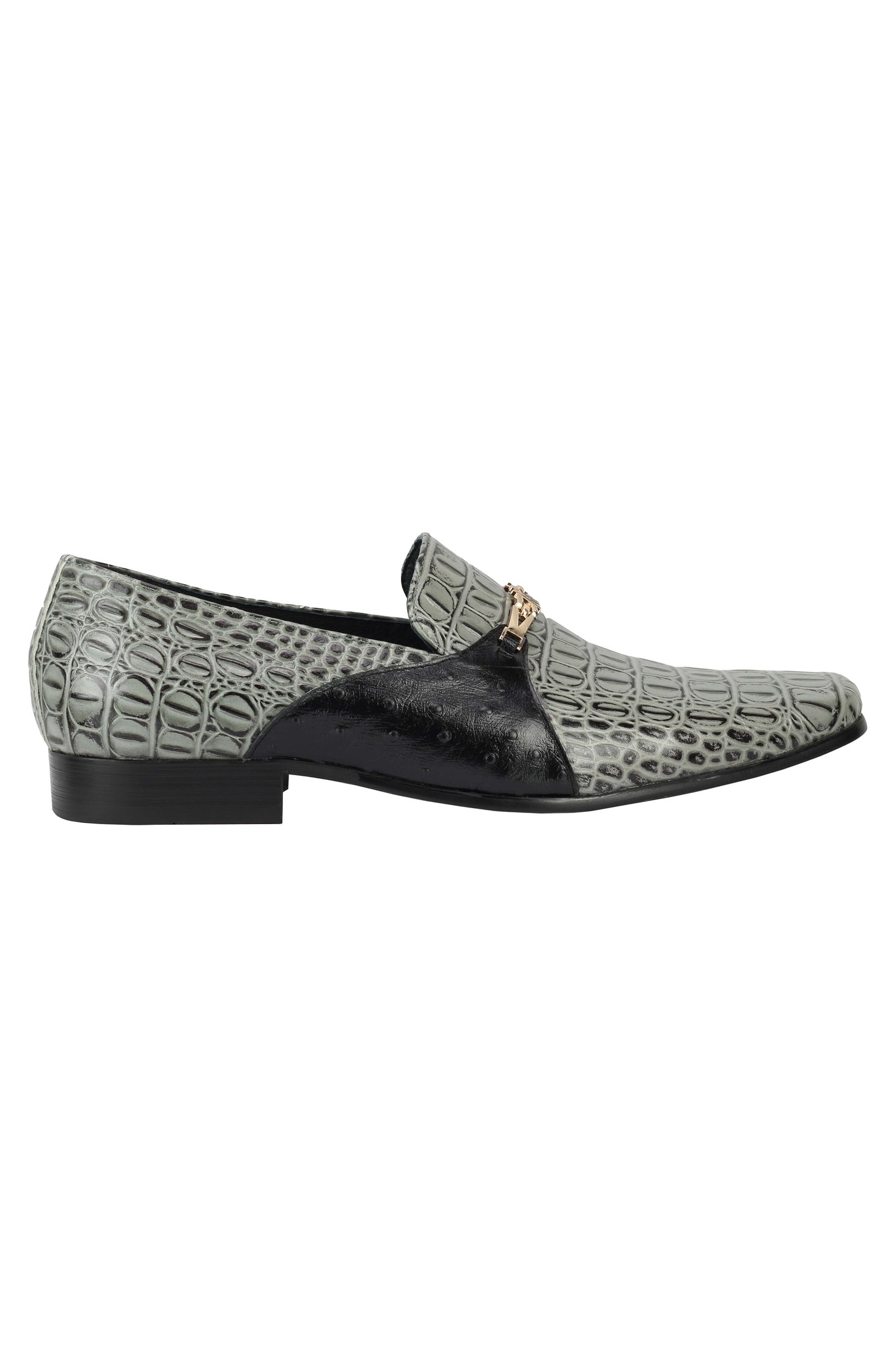 Real Leather Grey Croc Effect Gold Buckle Shoes