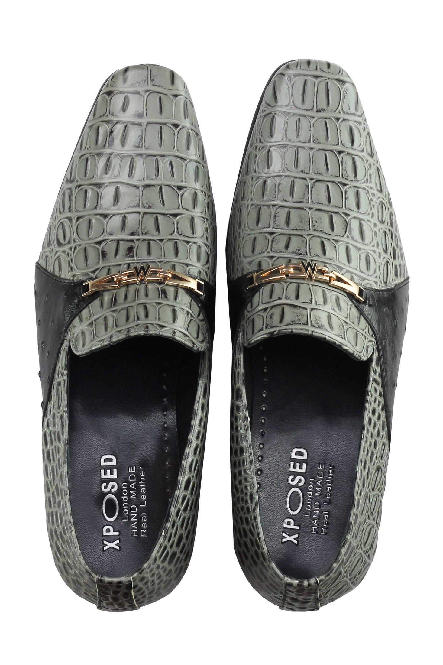 Real Leather Grey Croc Effect Gold Buckle Shoes