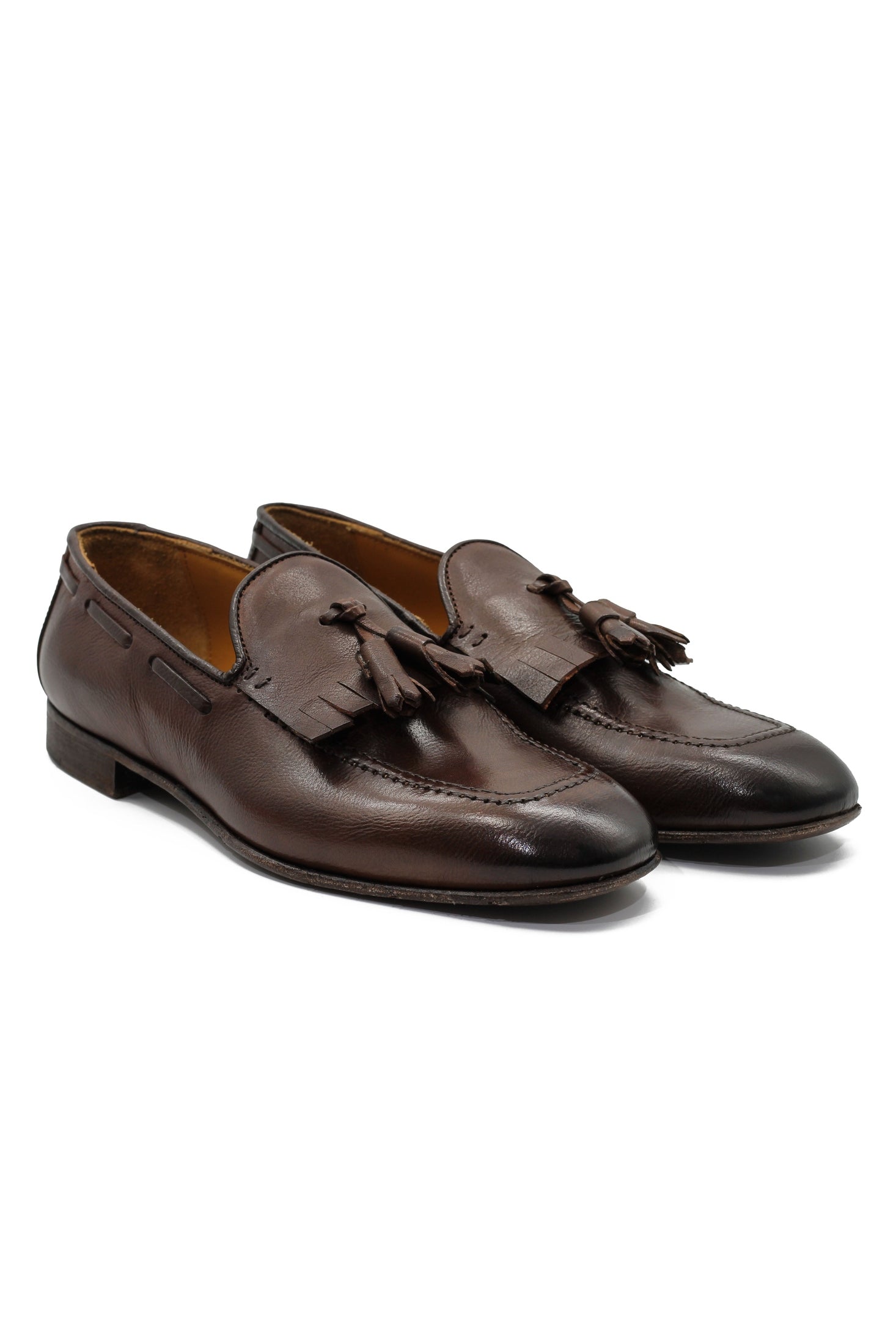 BROWN ITALIAN LEATHER COLLAPSIBLE KILTIE TASSEL LOAFER