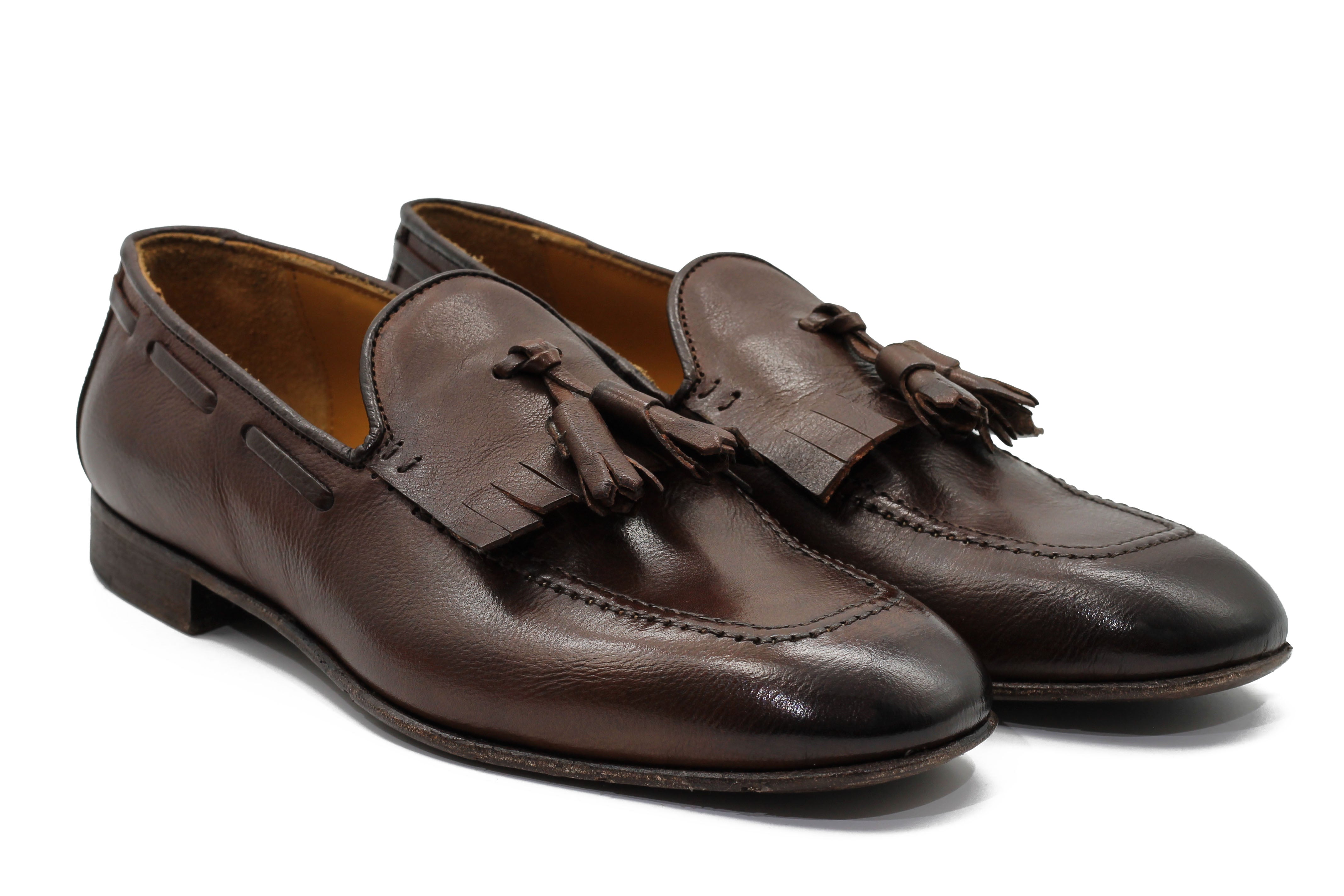 BROWN ITALIAN LEATHER COLLAPSIBLE KILTIE TASSEL LOAFER