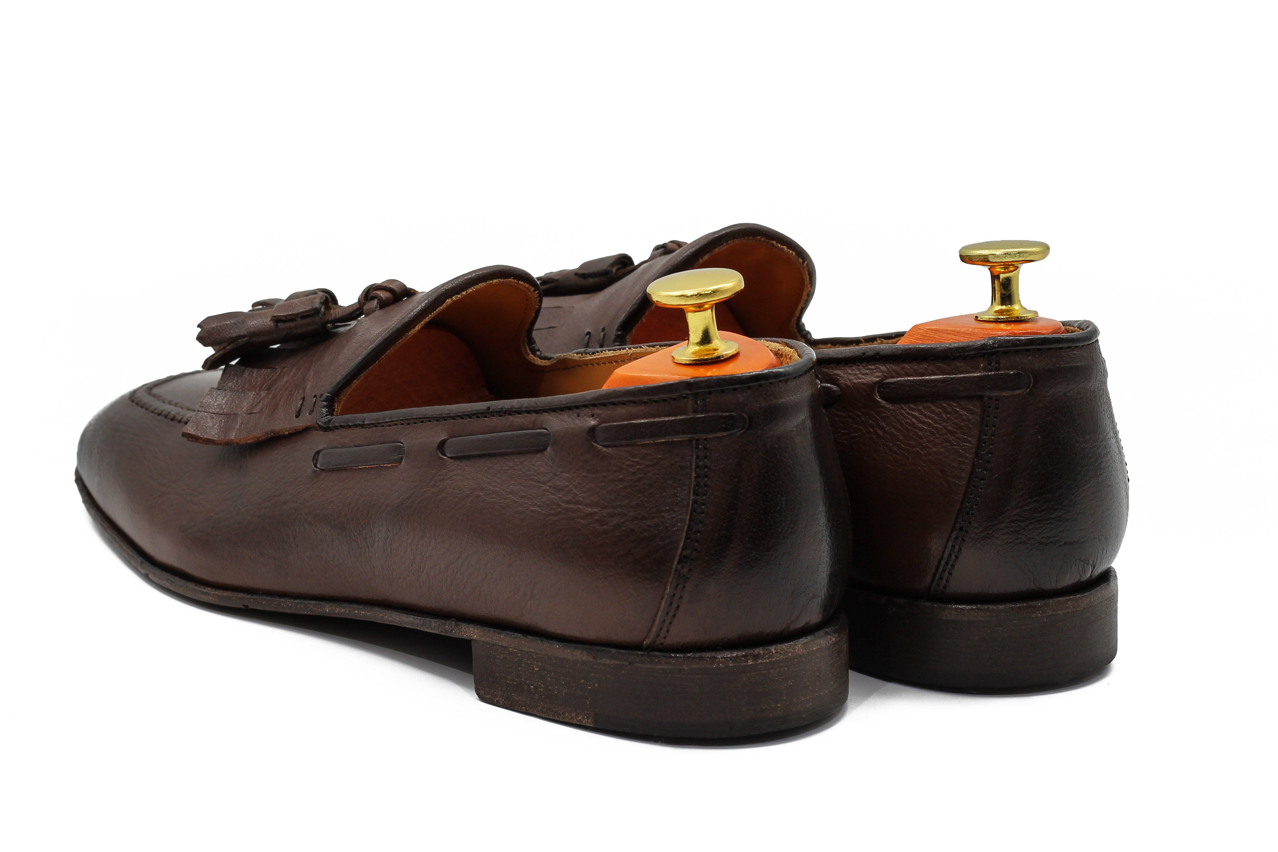 BROWN ITALIAN LEATHER COLLAPSIBLE KILTIE TASSEL LOAFER