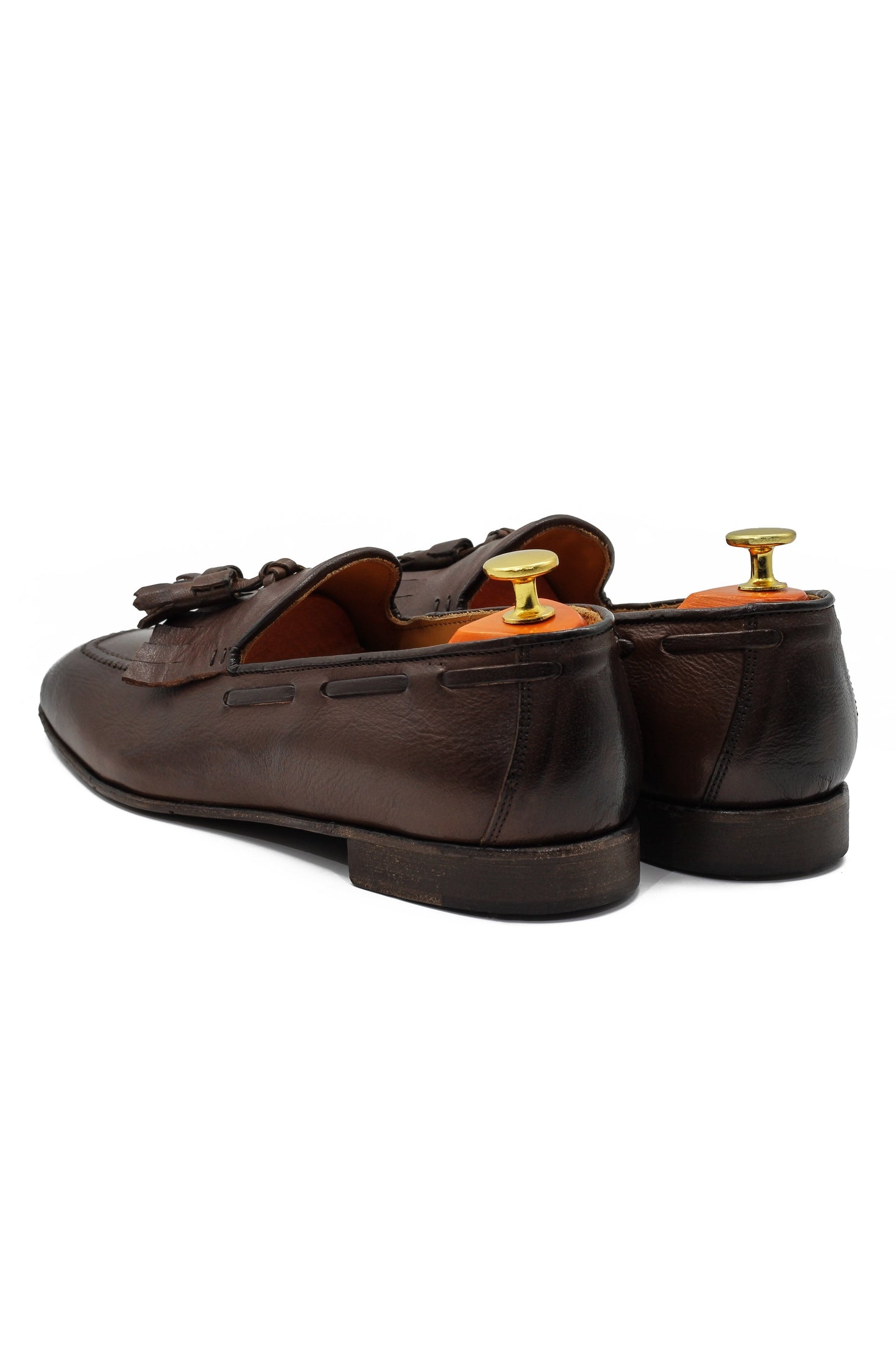 BROWN ITALIAN LEATHER COLLAPSIBLE KILTIE TASSEL LOAFER