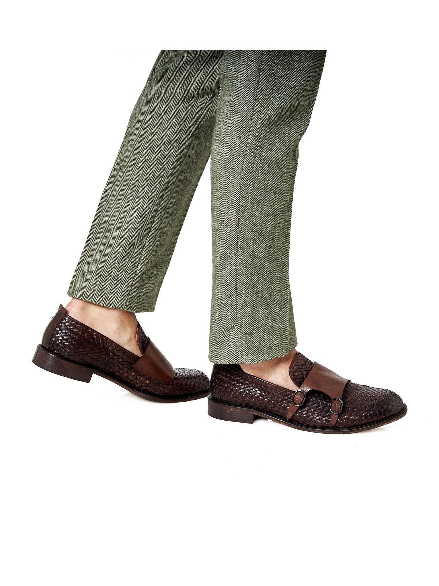 FLORENCE 2 - DOUBLE BUCKLE MONK LOAFER IN BROWN INTERWEAVE ITALIAN LEATHER