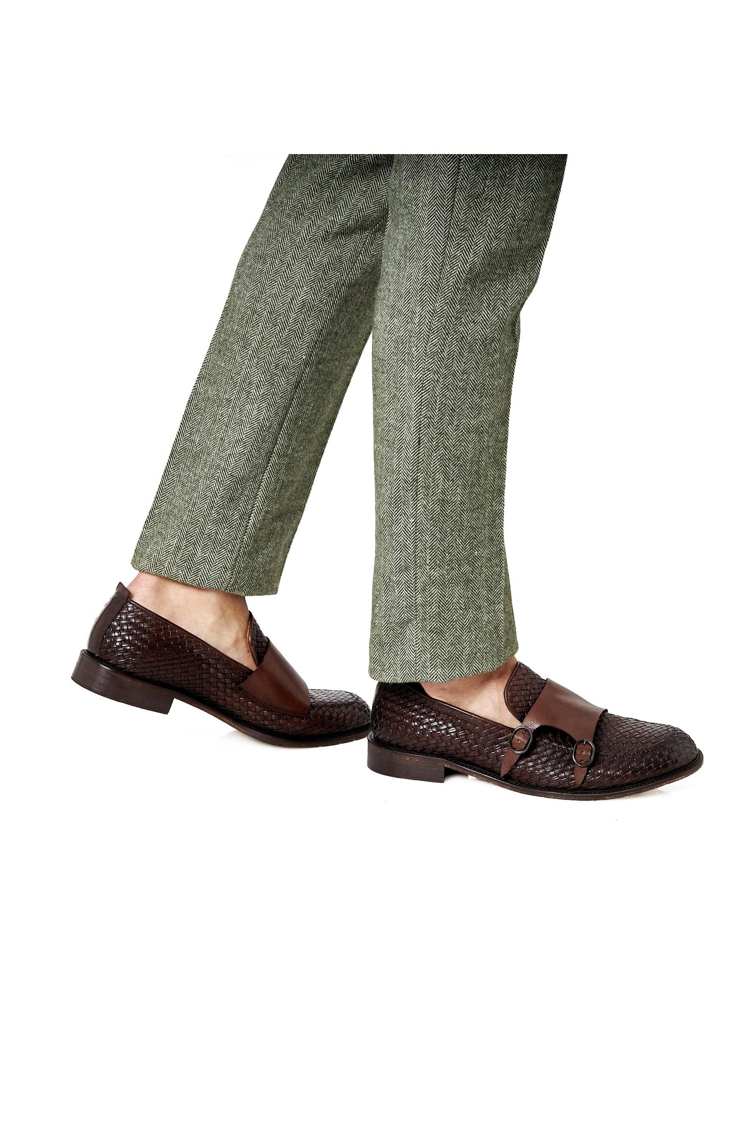FLORENCE 2 - DOUBLE BUCKLE MONK LOAFER IN BROWN INTERWEAVE ITALIAN LEATHER