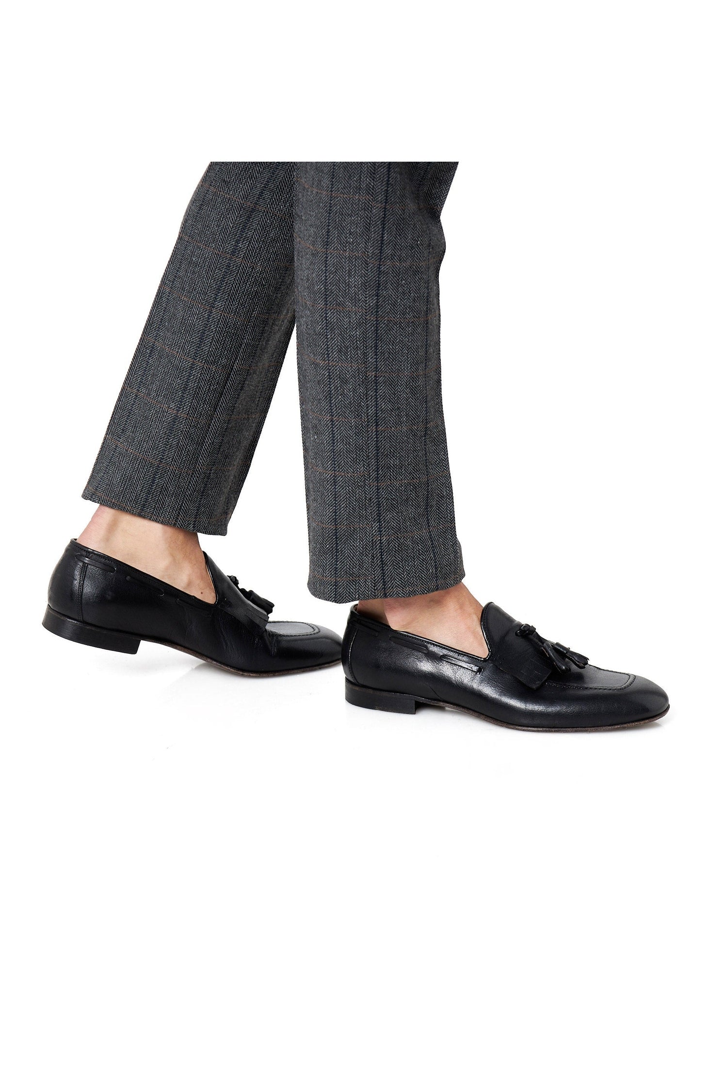 BLACK ITALIAN LEATHER COLLAPSIBLE KILTIE TASSEL LOAFER