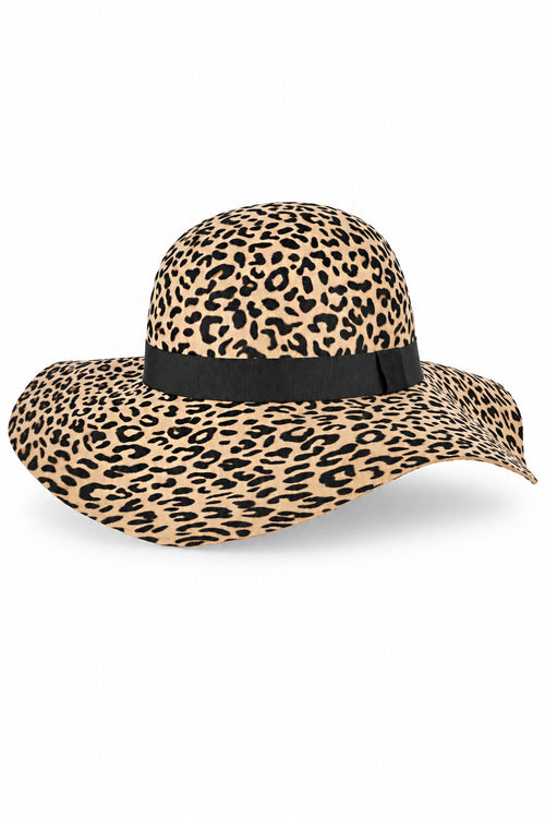 Ladies 100% Wool Wide Brim Floppy Hat with Bow Trim – Leapord