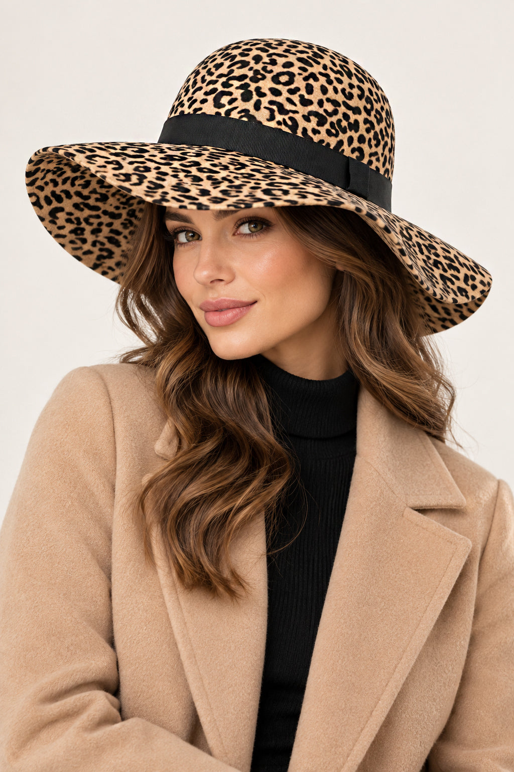 Ladies 100% Wool Wide Brim Floppy Hat with Bow Trim – Leapord